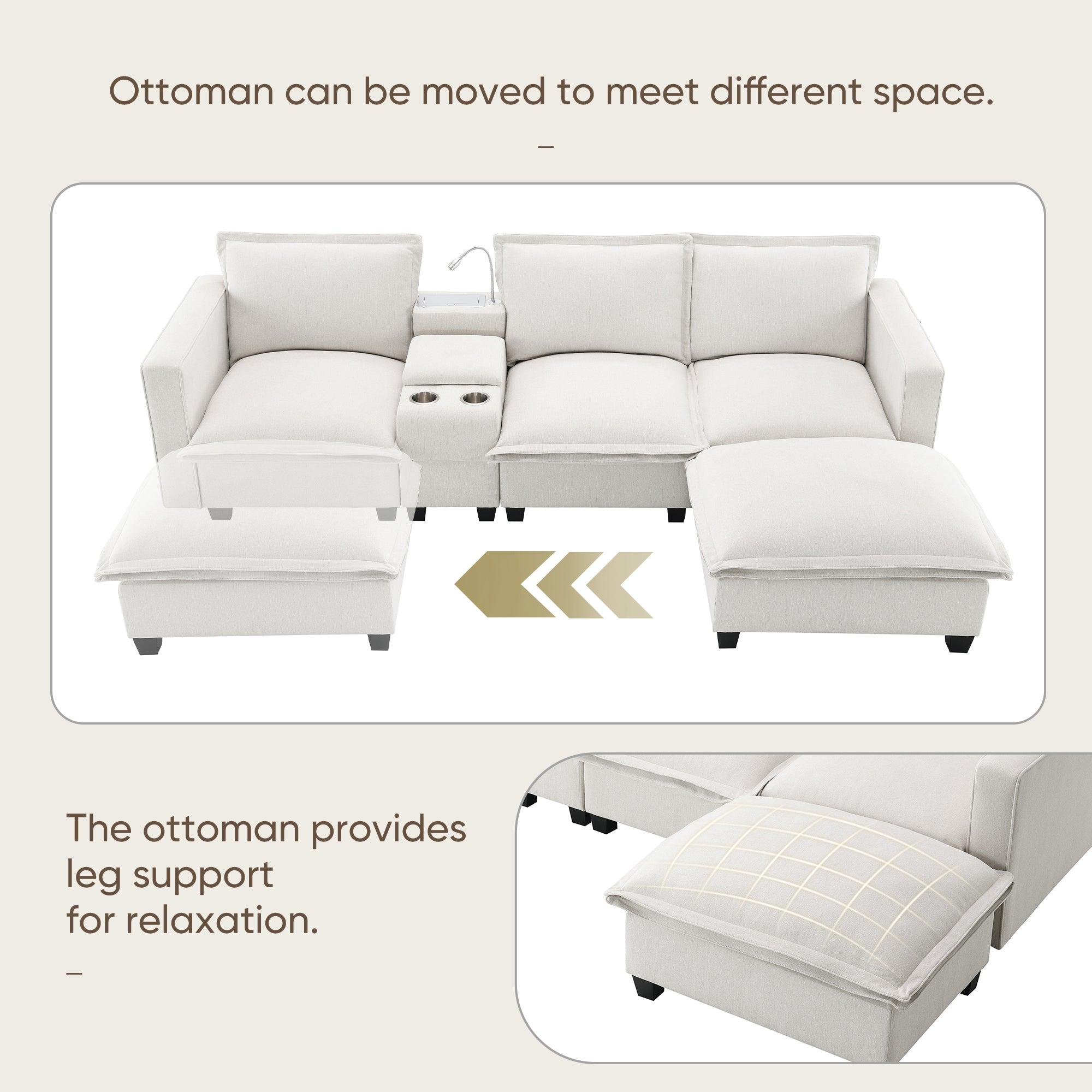 Modern 4-Seat Chenille Modular Sectional Sofa with Console, USB Charging Port, Reading Light & Cup Holders - Cloud Couch for Living Room, Apartment (2 Colors) | Perfect for Family Gatherings, Movie Nights & Small Space Living