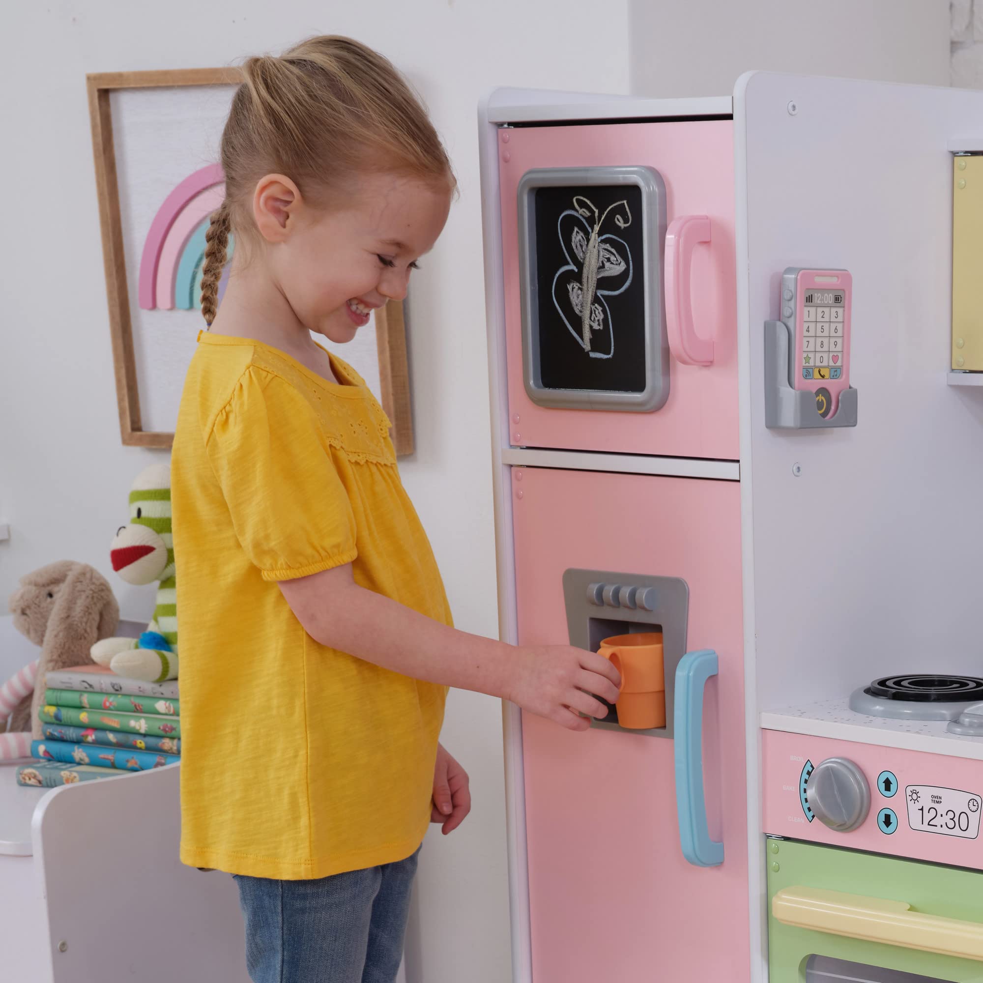 KidKraft Uptown Pastel Wooden Play Kitchen Set with Chalkboard, Play Phone & See-Through Doors - Pretend Play Toy for Toddlers Ages 3+ | Perfect for Imaginative Play, Birthday Gifts & Preschool Learning