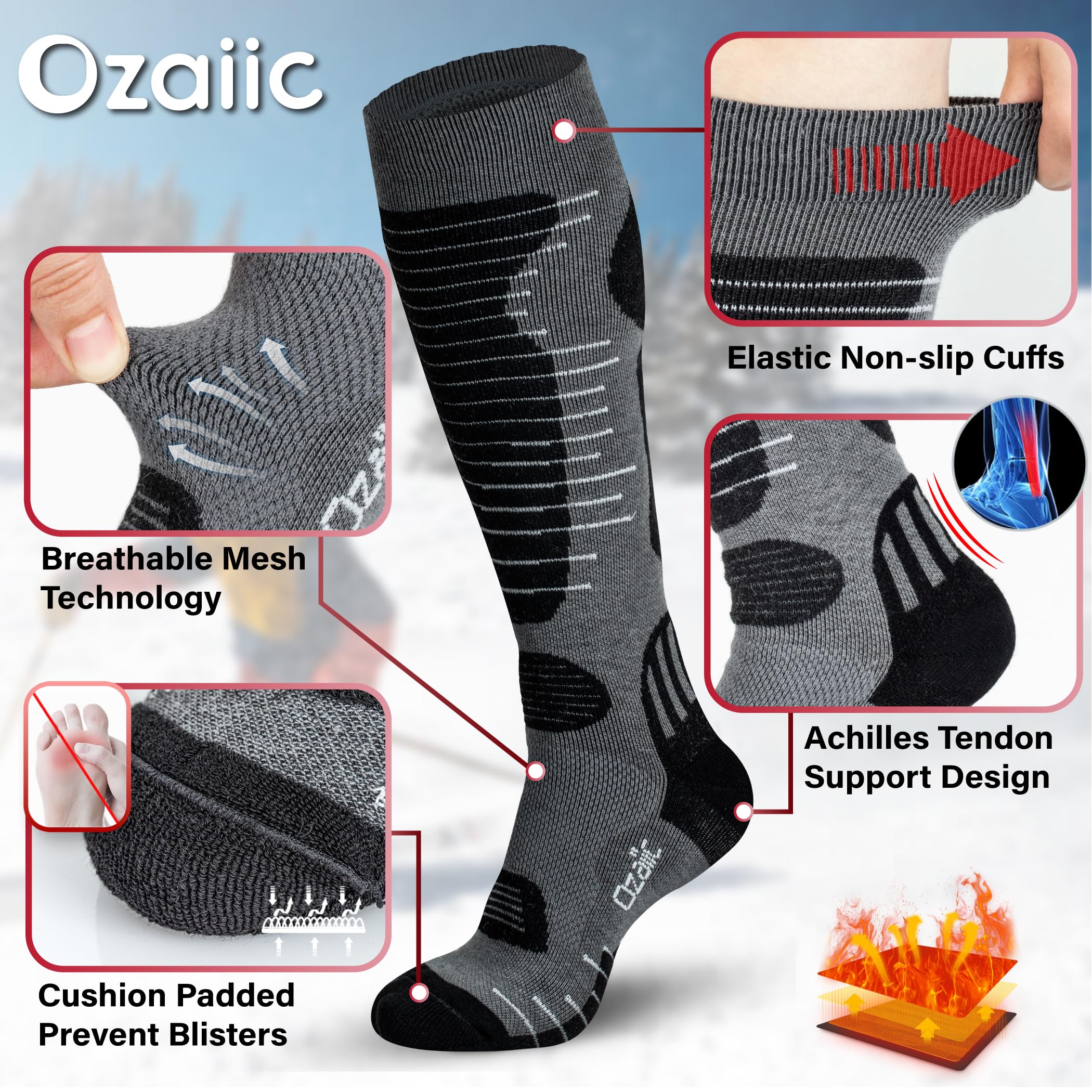 Merino Wool Ski Socks for Men & Women - 2 Pairs Warm Thermal Performance for Skiing & Snowboarding