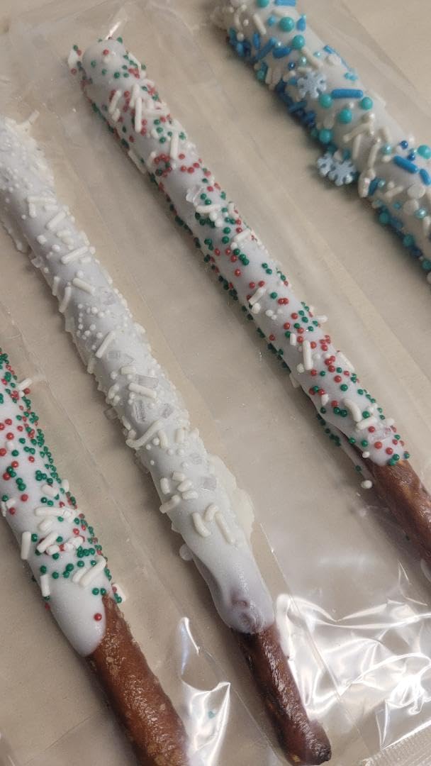 Premium White Chocolate Covered Pretzel Rods with Holiday Toppings - Perfect for Christmas Gifts, Party Snacks & Festive Treats