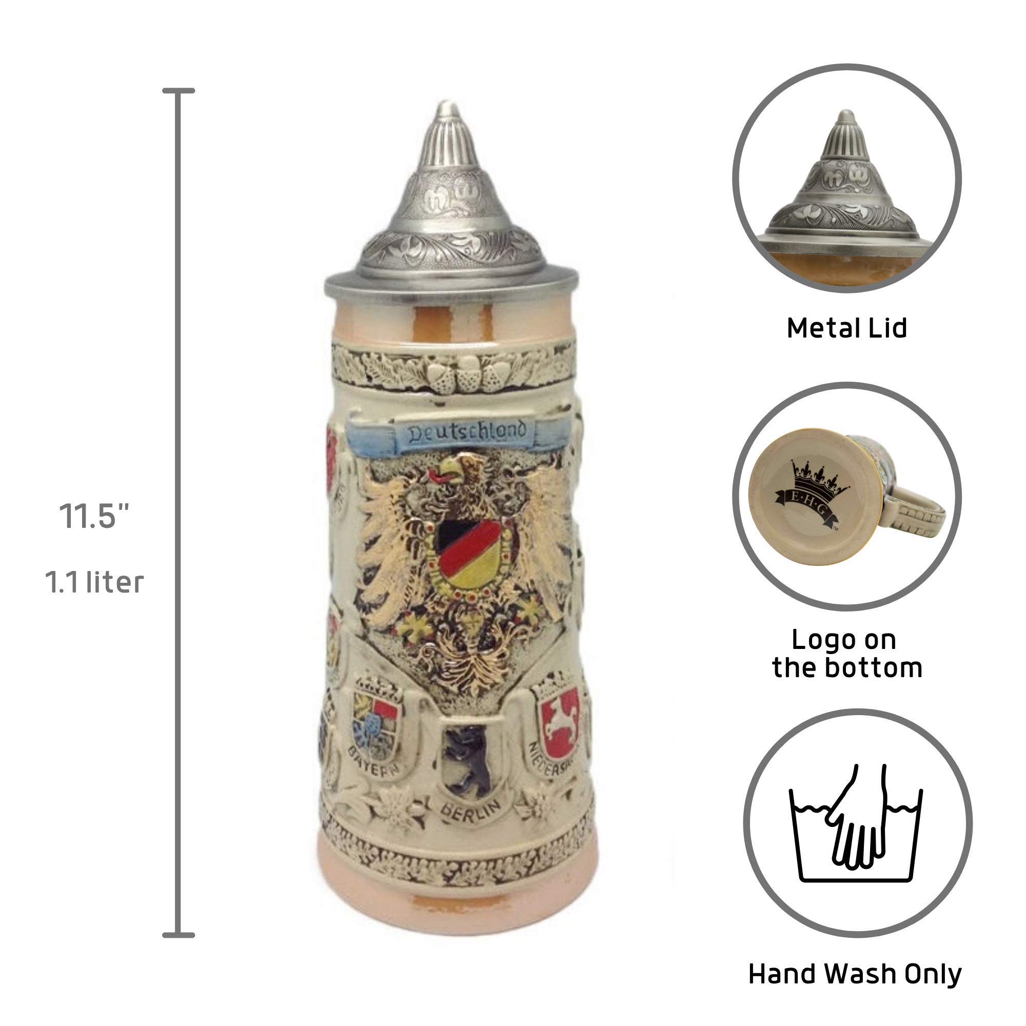 1.1 Liter Oktoberfest Beer Stein – Engraved German Adler (Eagle) Medieval Coat of Arms Collectible Beer Mug with Lid – Perfect for Oktoberfest, Home Bars, Gifts for Beer Lovers & German Culture Enthusiasts