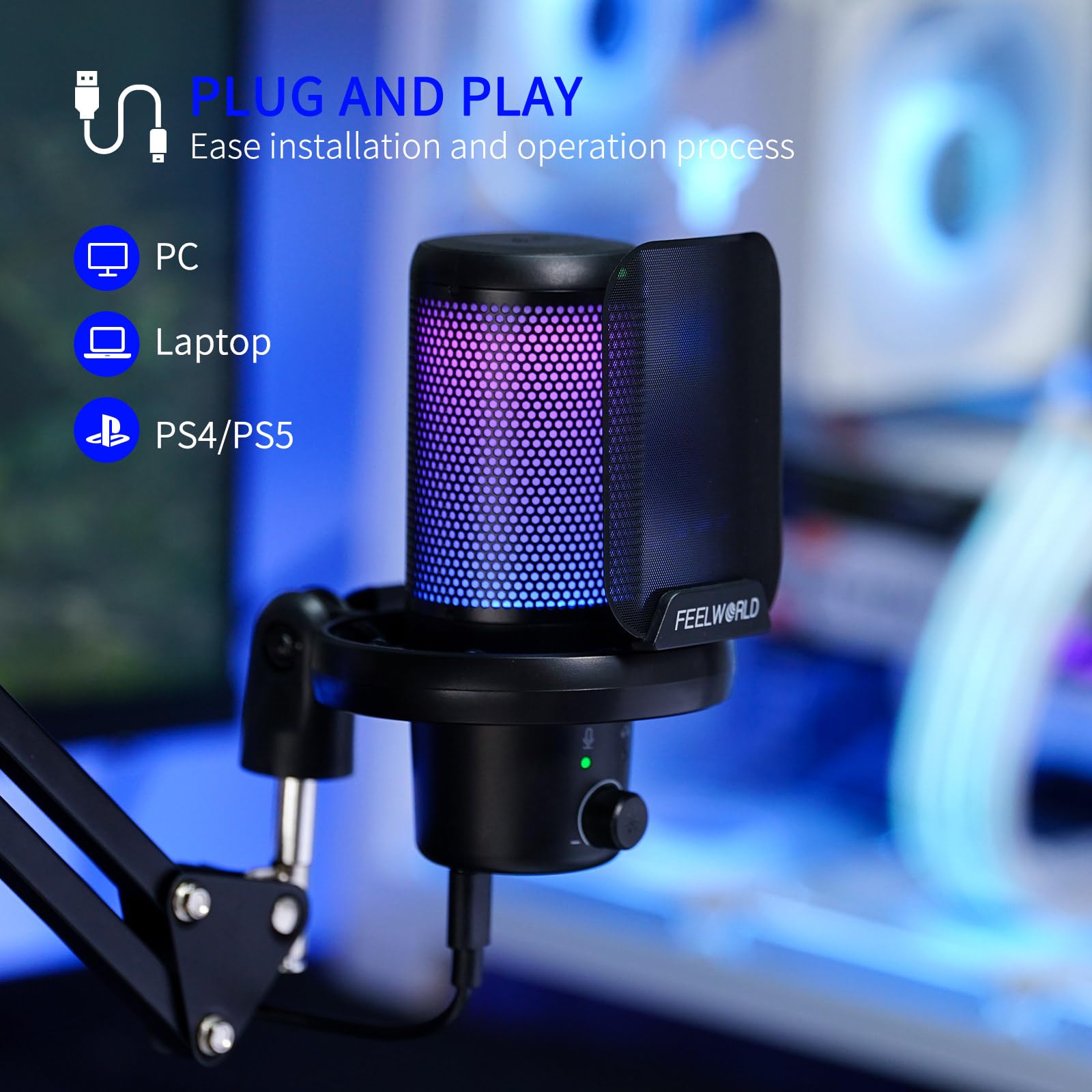 FEELWORLD VM1 USB Condenser Microphone with Noise Cancellation & RGB Light for Gaming PC, PS4, PS5 - Perfect for Streaming, Podcasting, YouTube, Twitch & Online Chat (Gamer Computer Accessories)