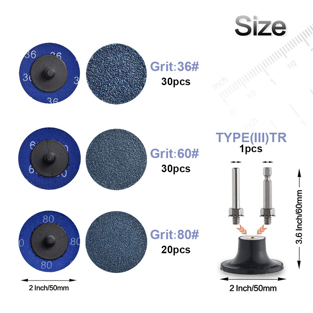 80 Pcs 2 Inch Zirconia Coated Roll Lock Sanding Discs for Die Grinder - 36/60/80 Grit Abrasive Discs with 1/4