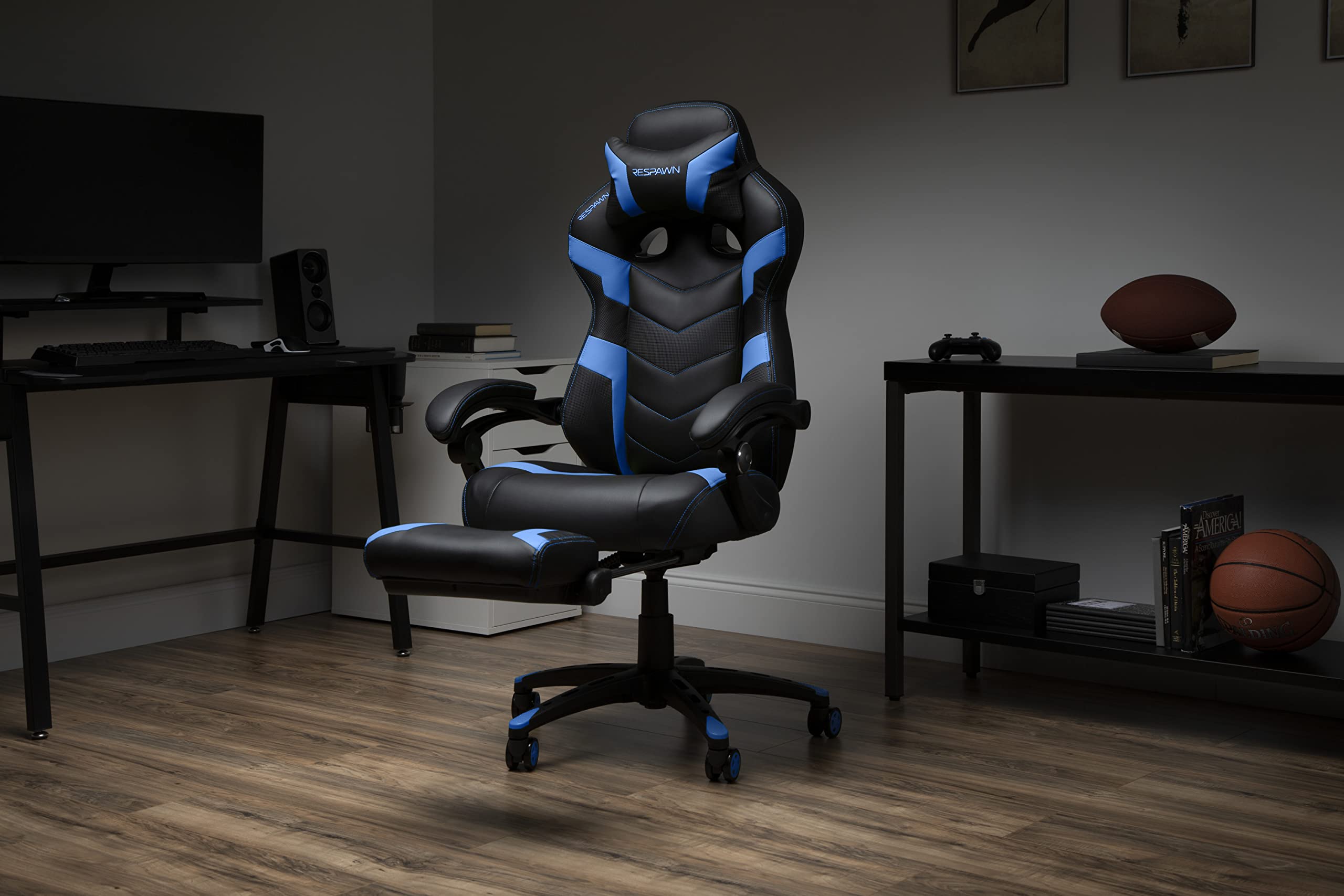 RESPAWN 110 Ergonomic Gaming Chair with Footrest - Racing Style High Back Office Chair with 360 Swivel, Adjustable Lumbar Support & Headrest Pillow - Perfect for PC Gaming, Home Office & Streaming Setup (2021 Blue)