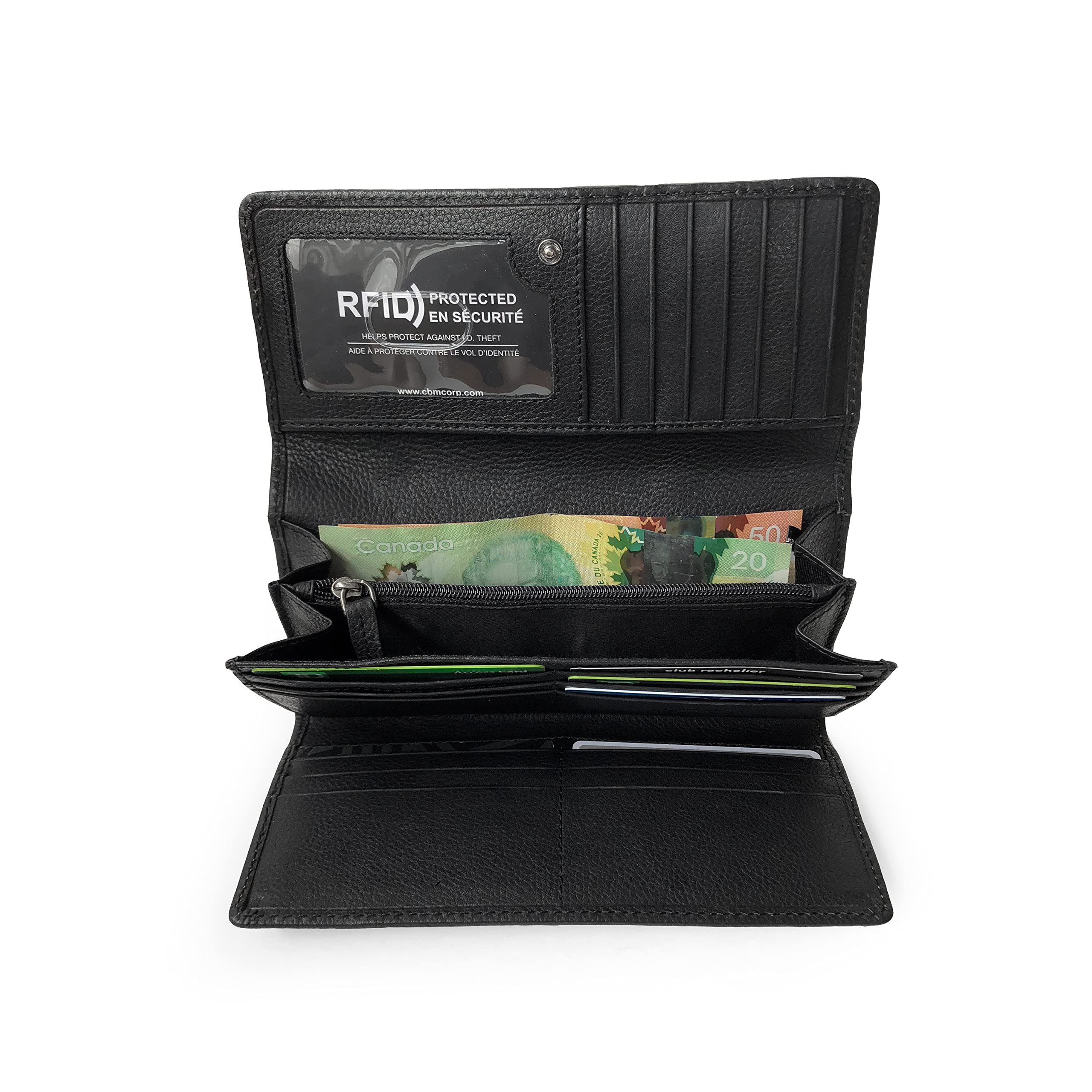 Club Rochelier Genuine Leather Clutch Wallet for Women - Slim RFID Blocking Credit Card Holder with Wristlet Strap, Black (CL11065-3-Blk) | Perfect for Evening Parties, Weddings & Daily Essentials Organization