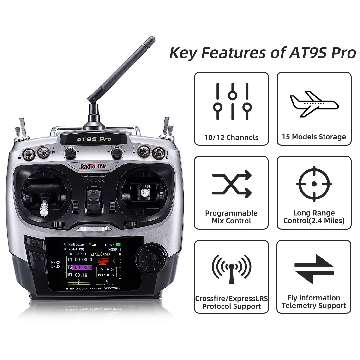 Radiolink AT9S Pro 10/12 Channel 2.4GHz RC Radio Transmitter with R9DS Receiver & PRM-01 Battery Telemetry Module - Mode 2 Left Hand for RC Airplanes, Drones, and RC Cars - Real-Time Battery Monitoring for Long-Range Flying