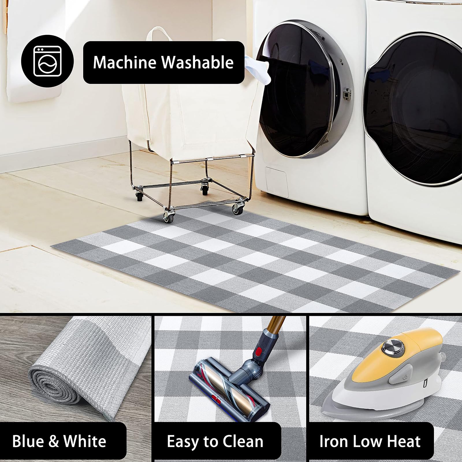 KOZYFLAY Buffalo Plaid Area Rug 8x10 Feet - Gray and White Checkered Washable Cotton Rug for Living Room, Bedroom, Dining Room, Patio - Farmhouse Style Indoor Outdoor Carpet for Home Decor & Cozy Spaces