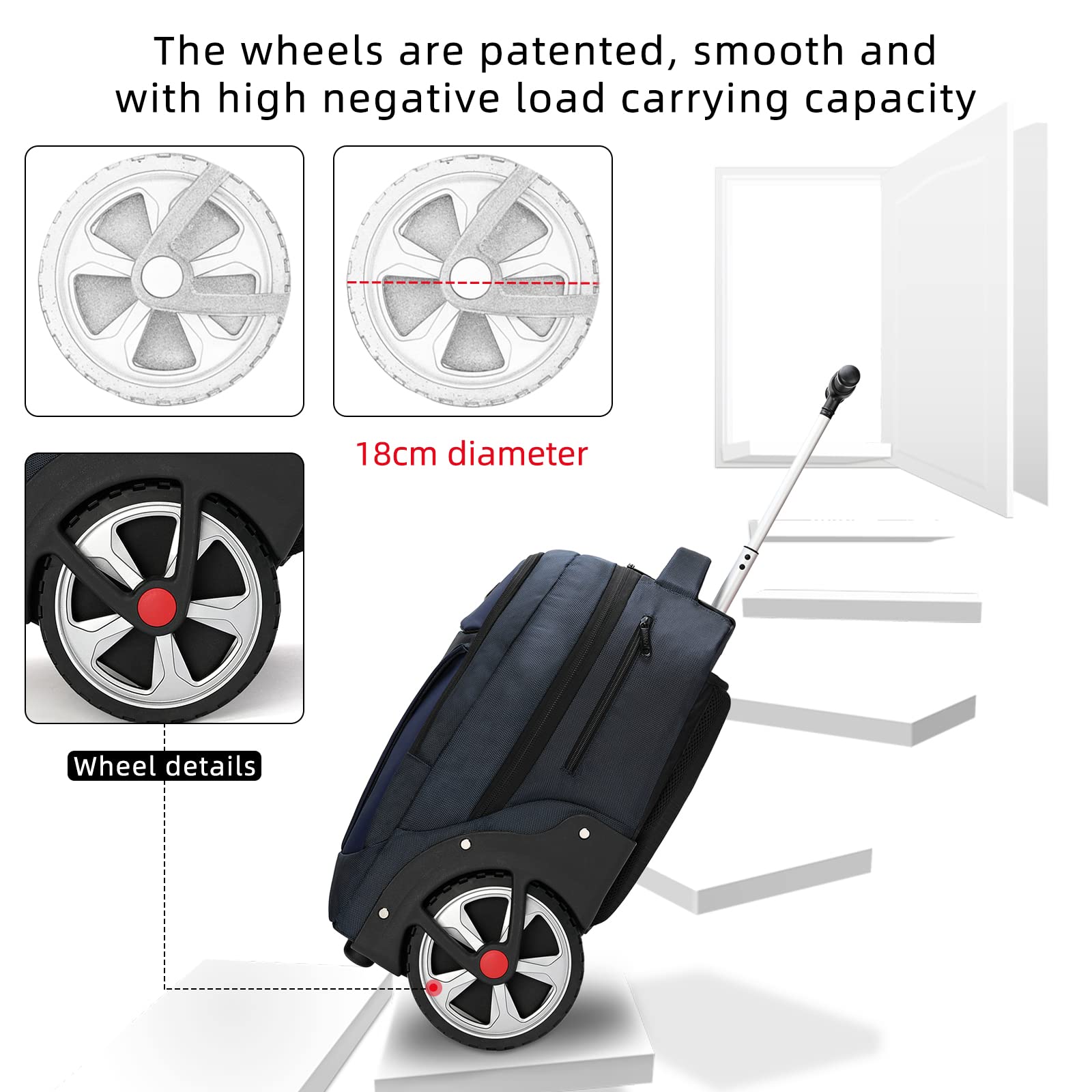 Waterproof Rolling Backpack with Wheels for Business Travel & Commuting - 20 Inch Wheeled Carry On Backpack with Laptop Compartment Fits 15.6 Inch Laptop - Durable Backpack for Adults, Women & Men (Blue) - Perfect for Air Travel, Daily Commute & Office Use