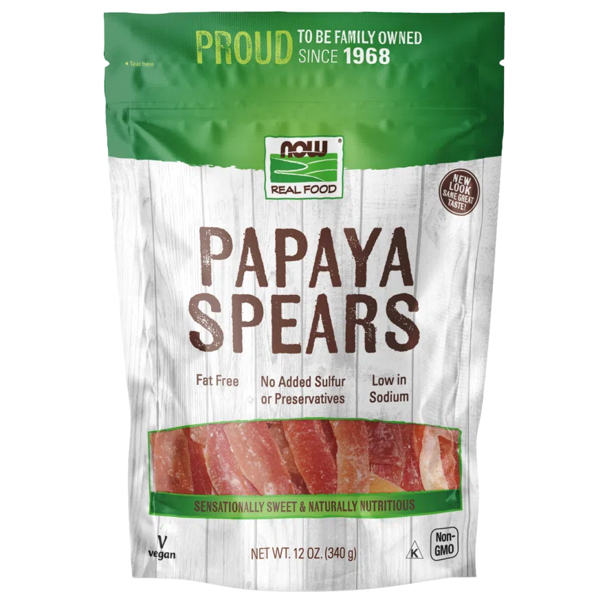 NOW Real Food Papaya Spears - Dried Tropical Fruit Snacks, Gluten Free & Vegan, Perfect for Healthy Snacking, Hiking & Road Trips