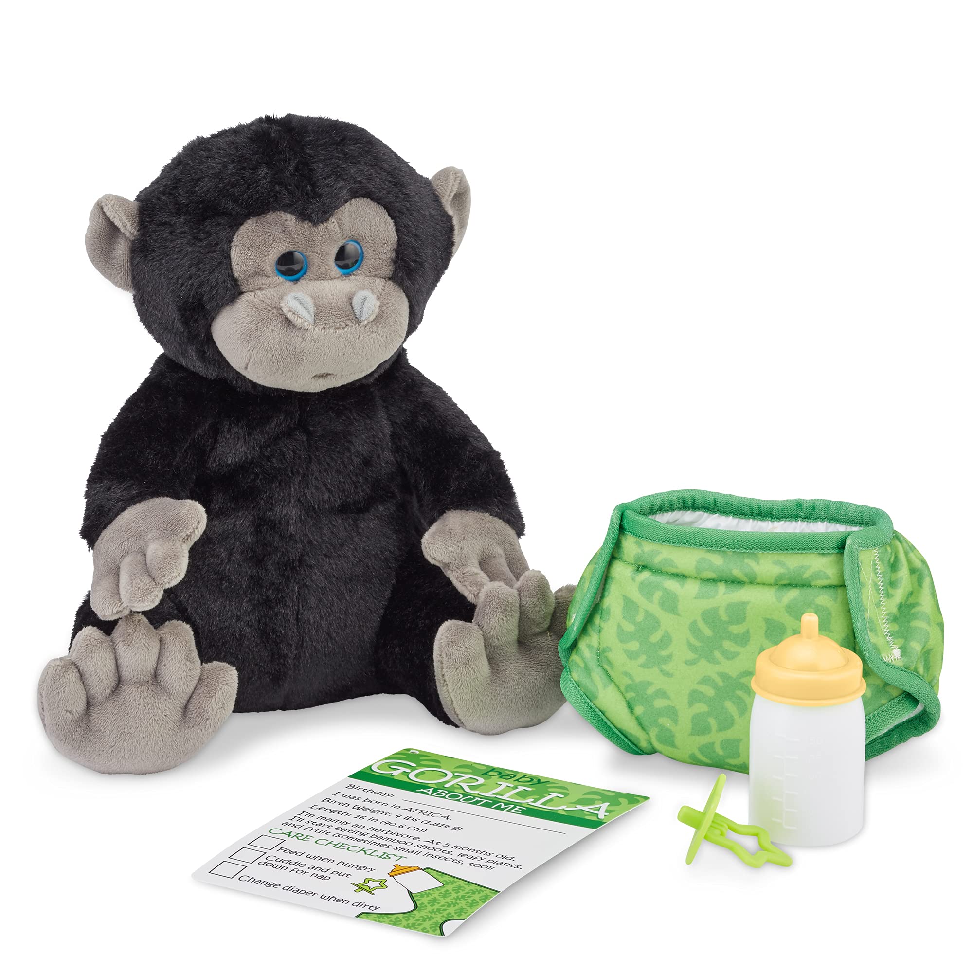 Melissa & Doug 11-Inch Baby Gorilla Plush Stuffed Animal Toy with Pacifier, Diaper & Baby Bottle - Soft Cuddly Gorilla Stuffed Animal for Kids, Nursery Decor & Baby Shower Gifts