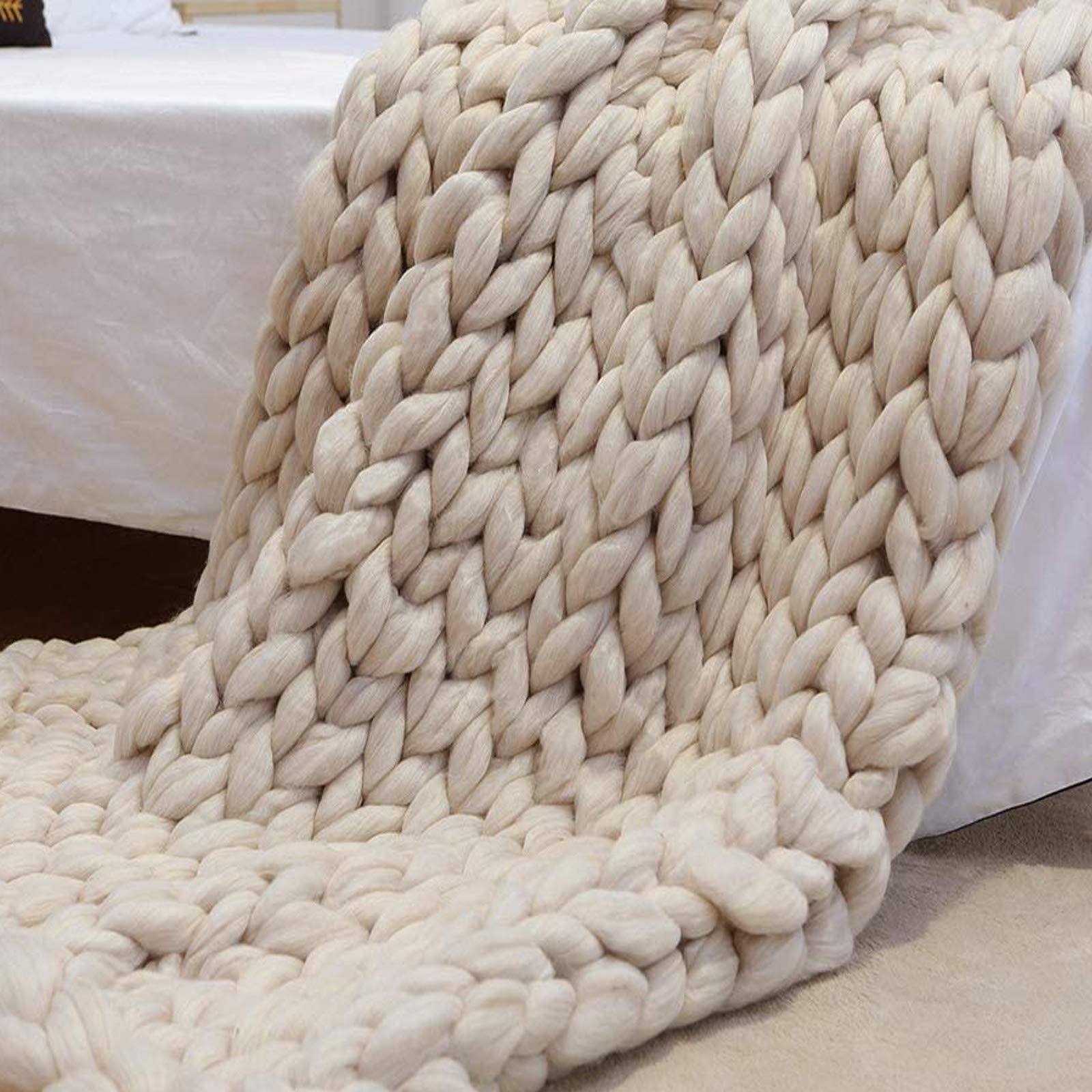 Handmade Chunky Knit Blanket - 71x80 Inches Soft Skin-Friendly Throw for Couch, Bed & Sofa | 6cm Wide Knit Home Decor Gift in Beige | Perfect for Cozy Evenings, Winter Warmth & Farmhouse Style Living Rooms