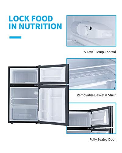 3.2 Cu.Ft Mini Compact Refrigerator with Freezer - Double Door Small Fridge for Dorm, Office, Garage, Basement, RV & Camping - Energy Efficient Black Mini Fridge (Perfect for Snacks, Drinks & Small Spaces)