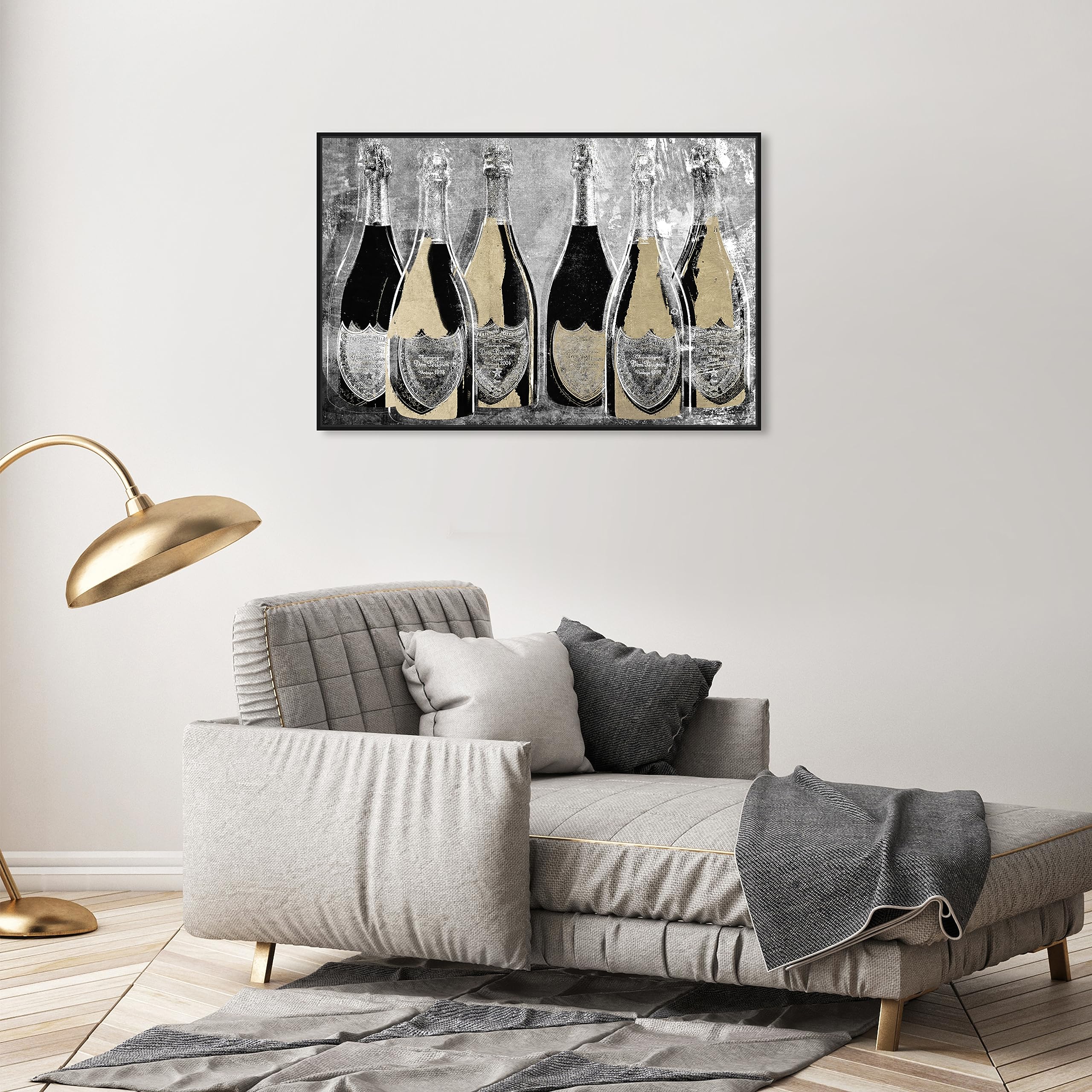 Oliver Gal Artist Co. 'Dom Party Glam' Champagne Wall Art - 36x24 Inch Gold & Black Framed Canvas Print - Elegant Home Bar Decor for Dining Room, Living Room & Wine Cellar