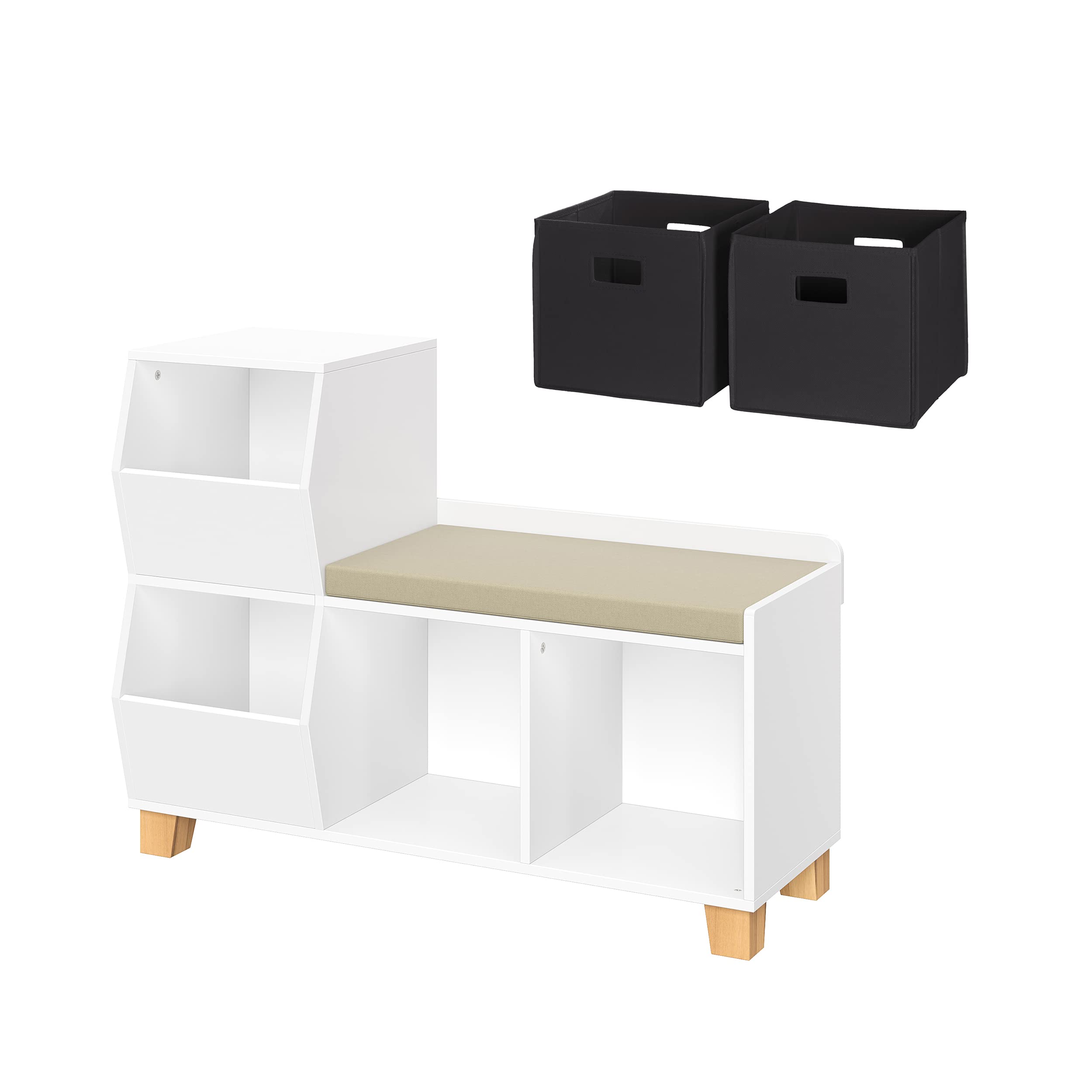 RiverRidge Kids Toy Storage Organizer Bench with 2 Black Fabric Bins - Playroom Cubby Storage for Toys, Books & Games - Perfect for Bedroom, Nursery or Daycare Organization
