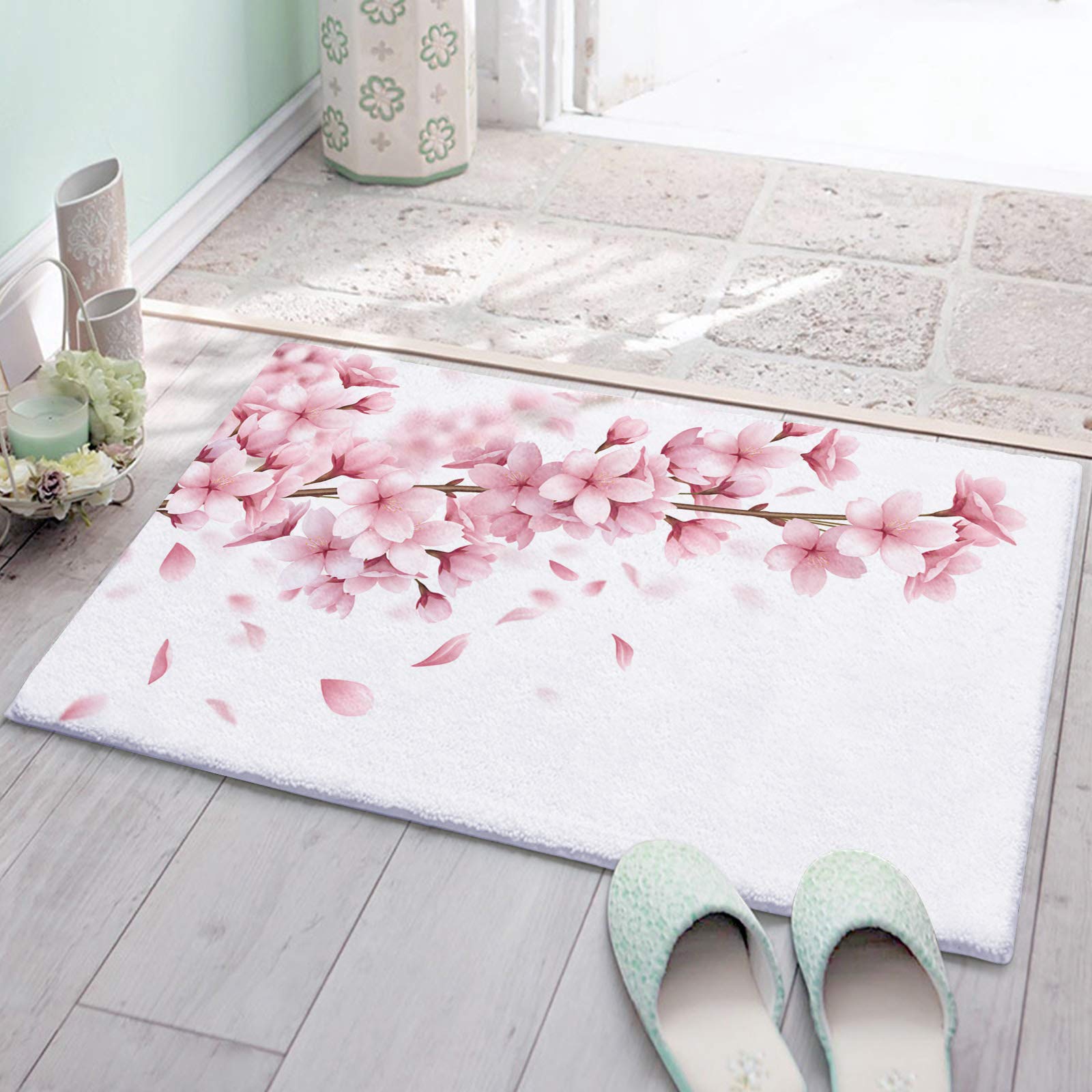 ARTSHOWING Floral Indoor Door Mat - 18x30 Inch Non-Slip Absorbent Entryway Rug for Home, Pink Cherry Blossom Design - Perfect for Front Door, Back Door, and High-Traffic Areas