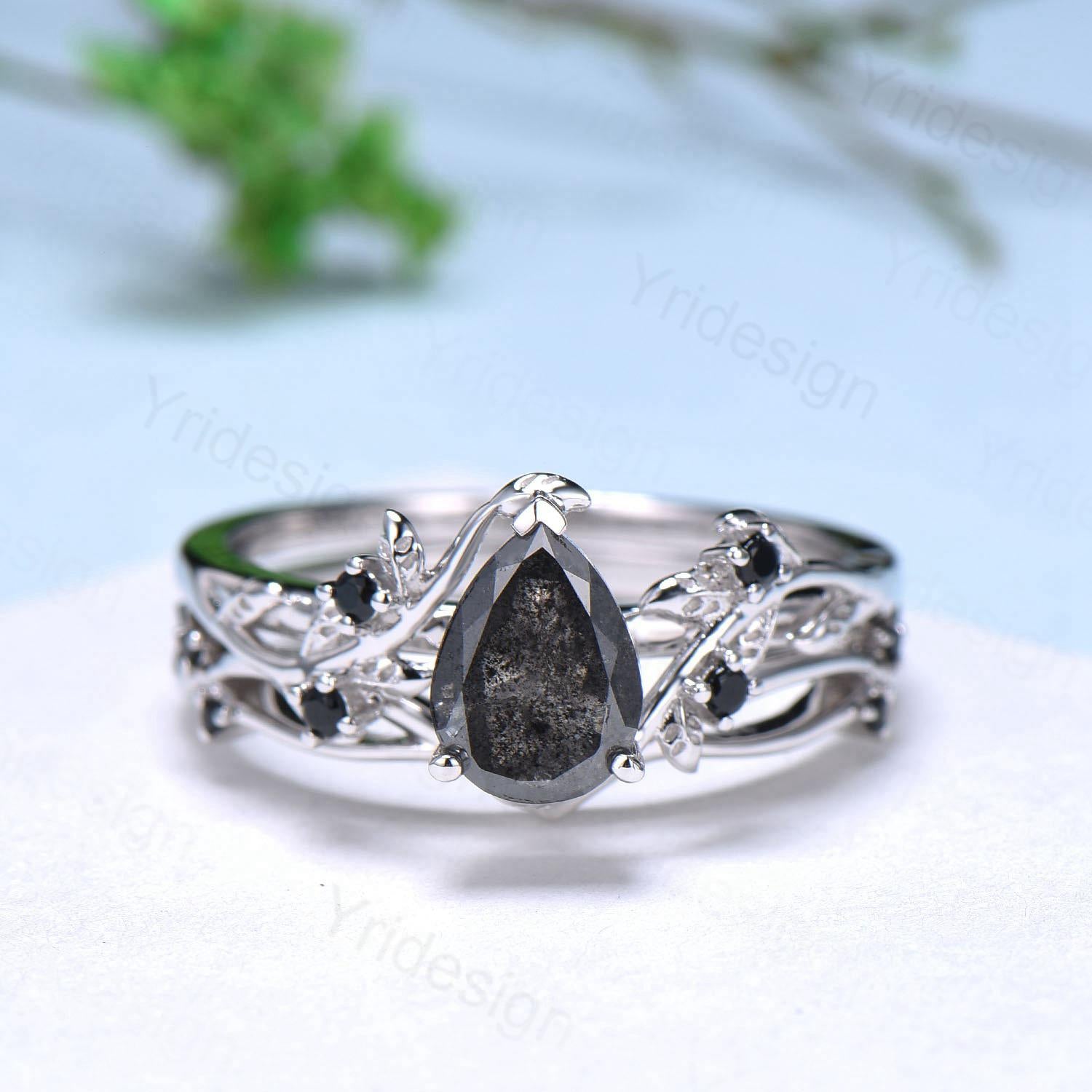 Vintage Pear-Shaped Salt and Pepper Diamond Engagement Ring - Nature-Inspired Twig Vine Bridal Set with Unique Leaf Design for Women | Perfect for Weddings, Anniversaries, and Romantic Proposals