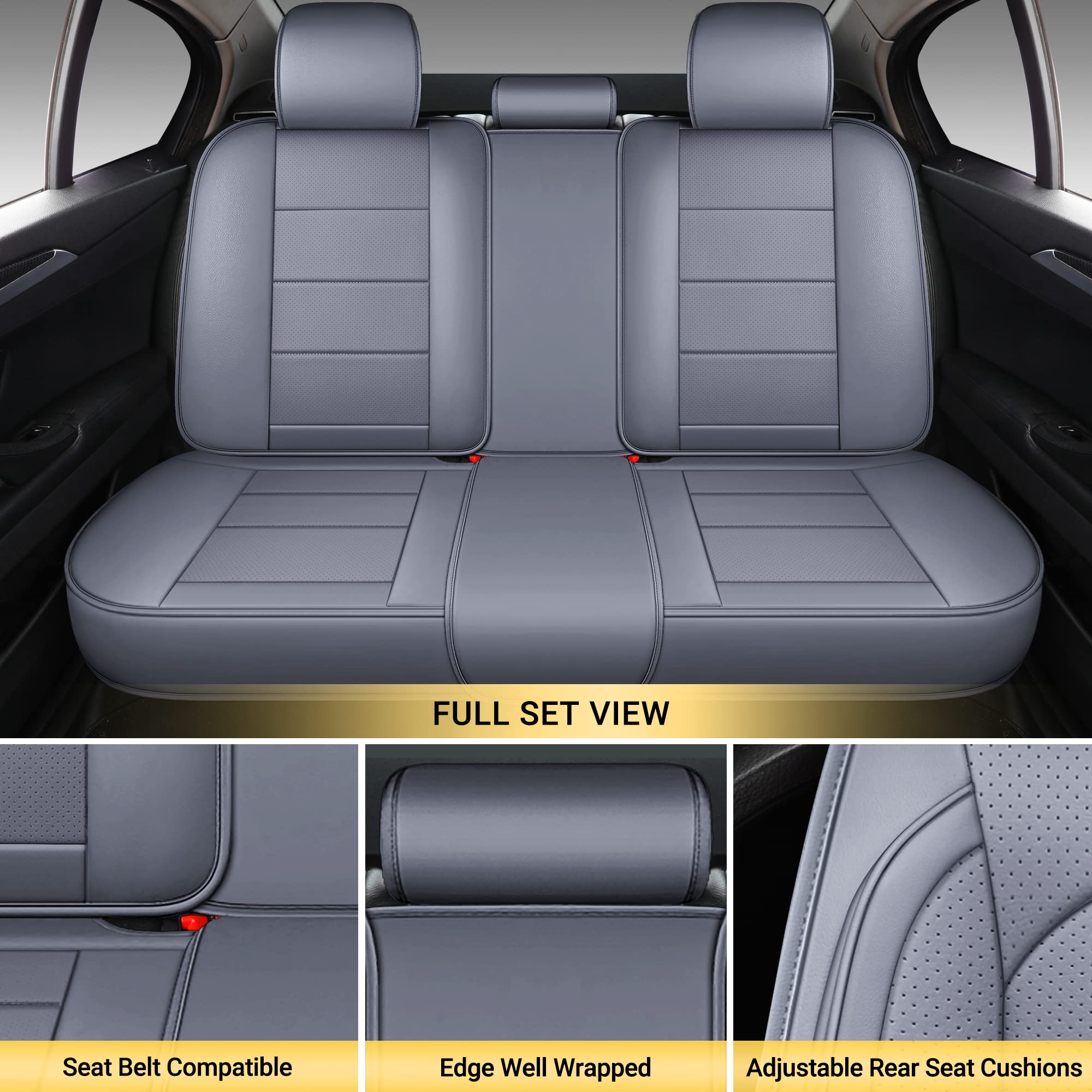 Premium AOOG Leather Car Seat Covers with Backseat Organizer - Universal Fit for Most Sedans, SUVs & Trucks (Full Set, Grey) - Protect & Upgrade Your Vehicle Interior for Daily Commute & Road Trips