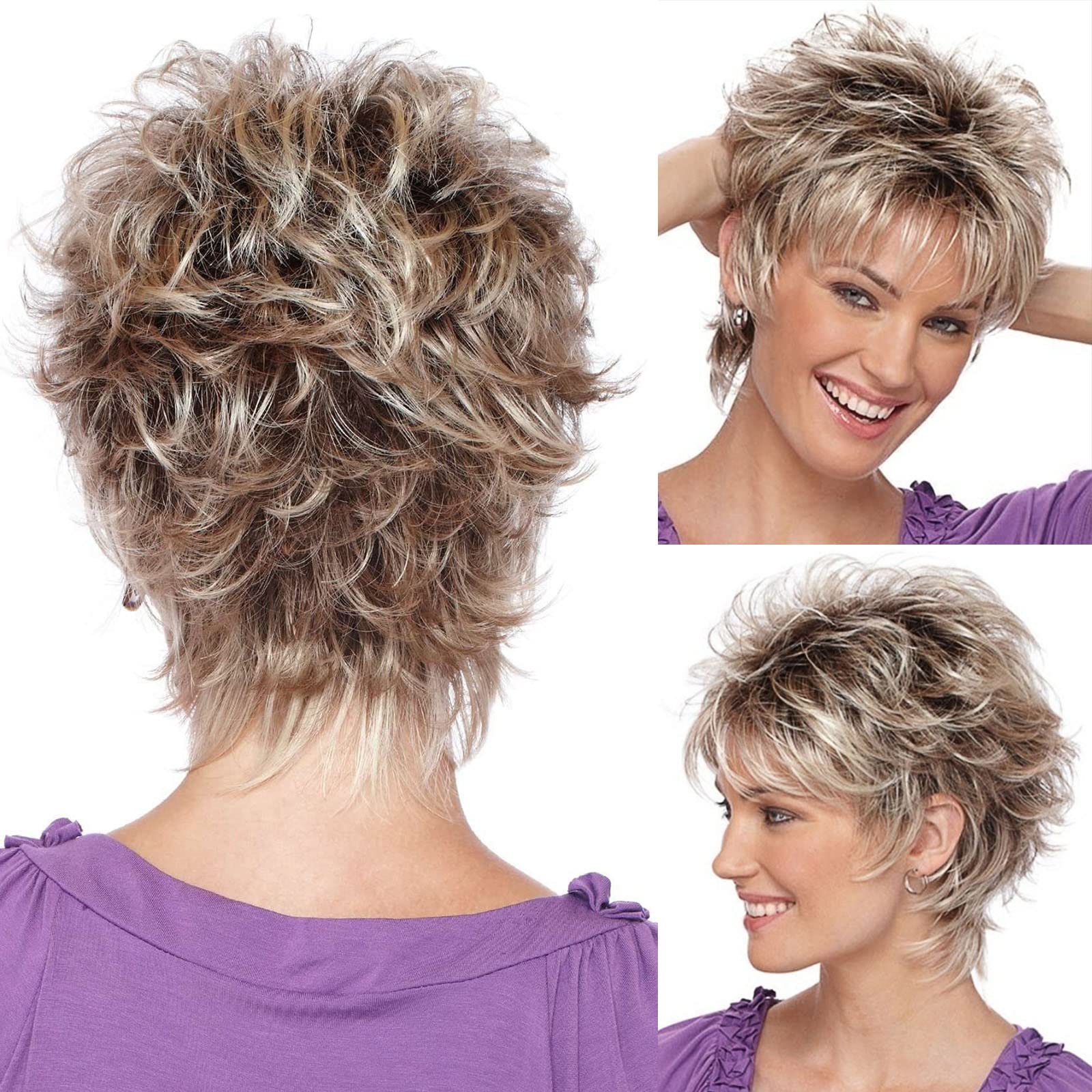 LEOSA Short Blonde Pixie Cut Wig with Bangs - Synthetic Wavy Curly Heat Resistant Hairpiece for Women | Natural Fluffy Layered Brown Ombre Style | Perfect for Cosplay, Costume Parties & Daily Wear
