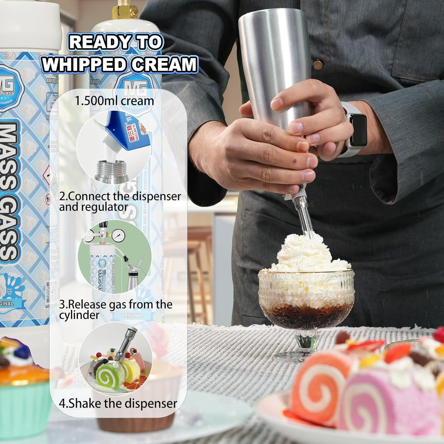 Premium 6-Pack Whipped Cream Chargers (2112g x 6) - 3.3L Food Grade N2O Cylinders for Professional Desserts, Coffee Toppings & Home Baking - Compatible with All Standard Whipped Cream Dispensers