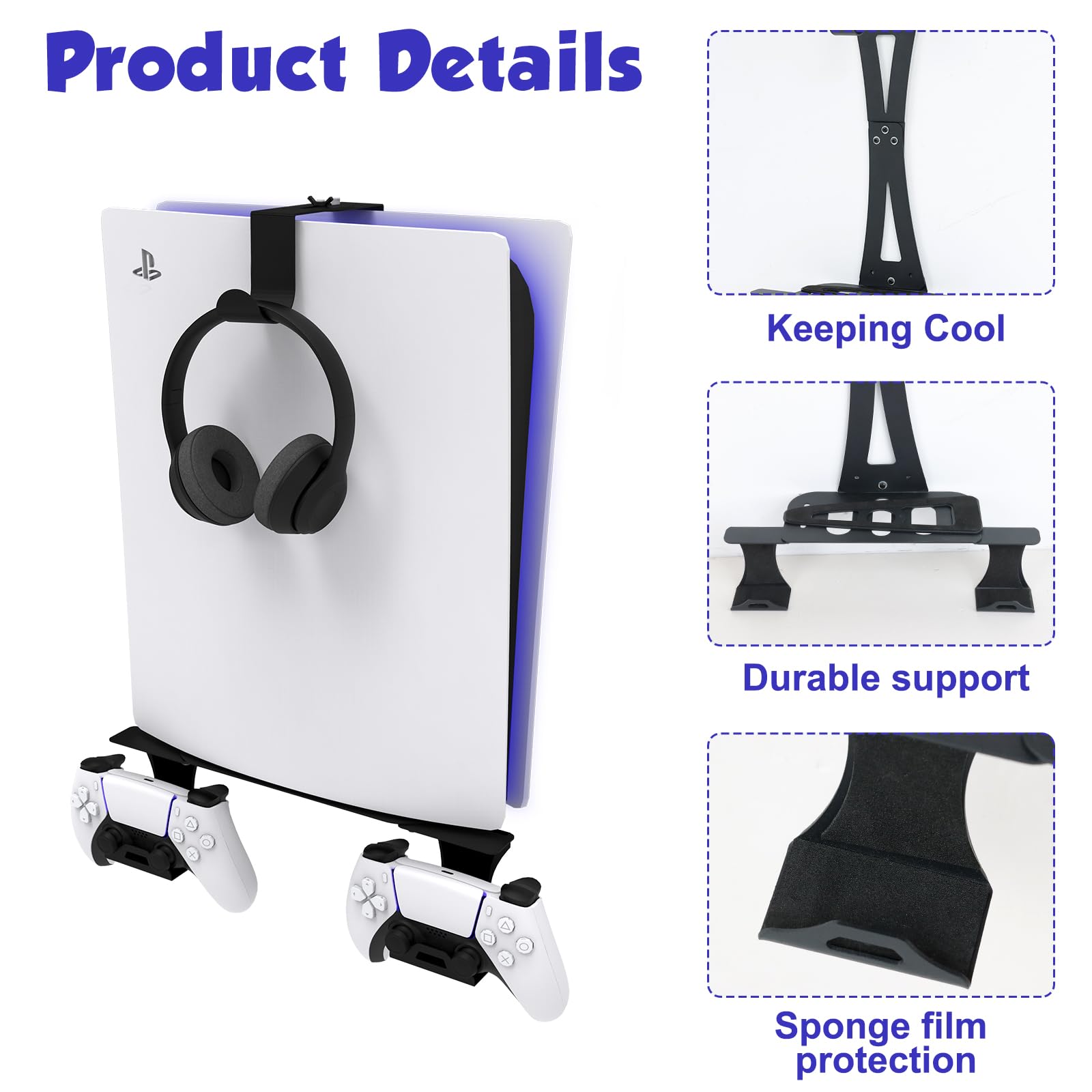 PS5 Wall Mount Bracket - Adjustable Length & Width for PS5, PS5 Pro & PS5 Slim Disc Edition | Secure Wall Shelf with Dual Controller Holder | Perfect for Gaming Room & Bedroom Setup