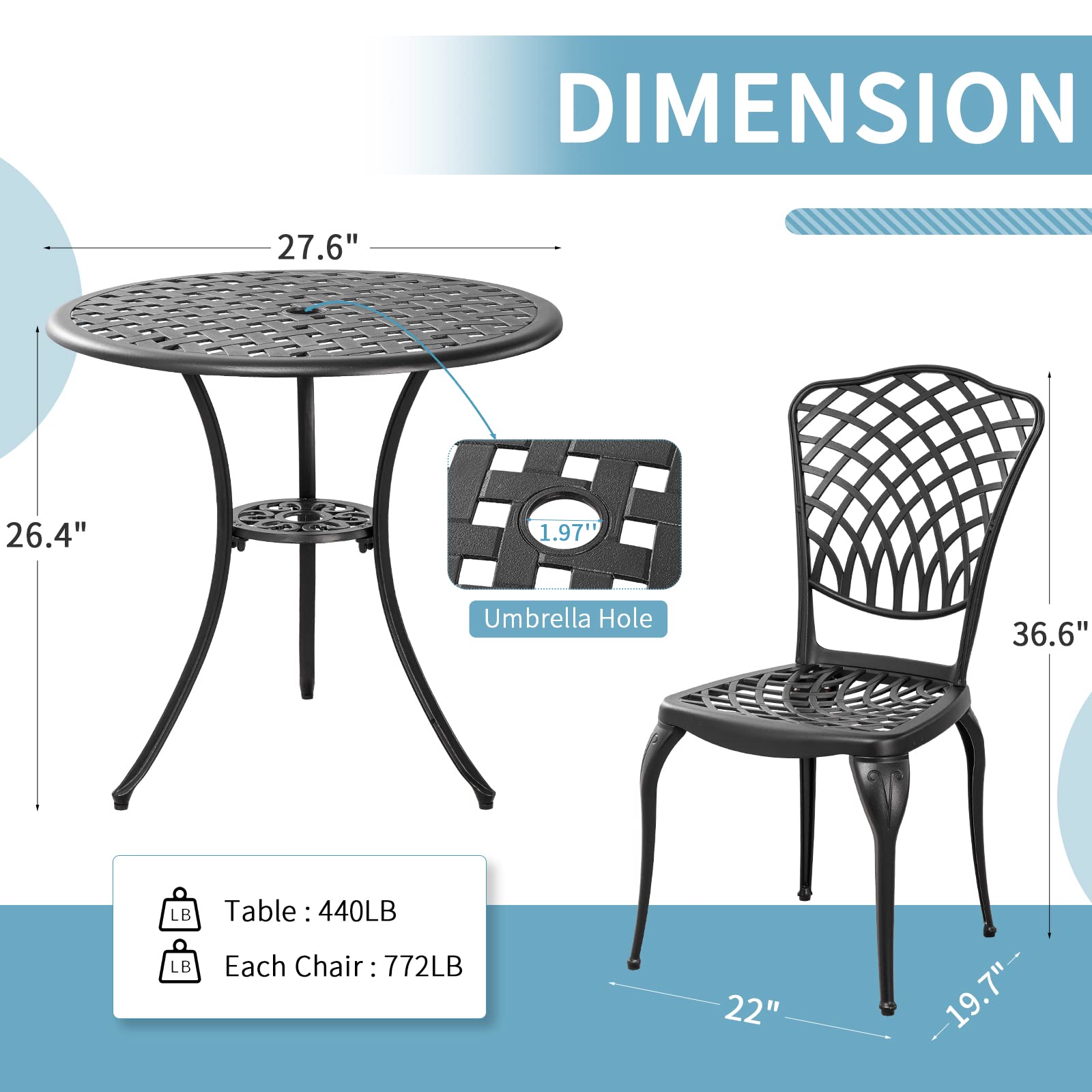 3-Piece Outdoor Bistro Set - Rust-Resistant Cast Aluminum Patio Table and 2 Chairs - Black Garden Furniture for Small Spaces, Balcony, Courtyard or Cafe Style Dining