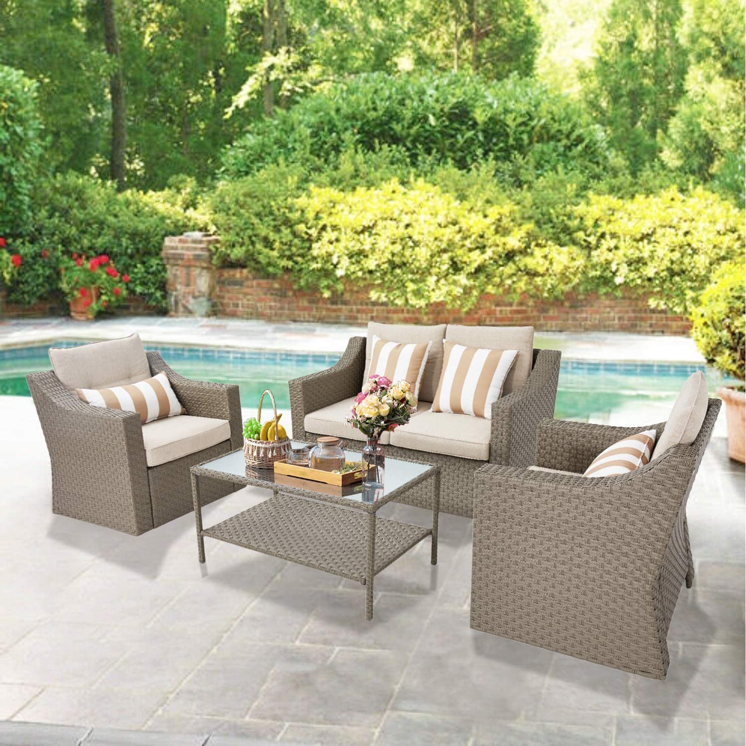 SOLAURA 4-Piece Outdoor Patio Furniture Set - All-Weather Wicker Sectional Sofa with Tempered Glass Coffee Table, Gray - Perfect for Backyard, Garden & Poolside Relaxation