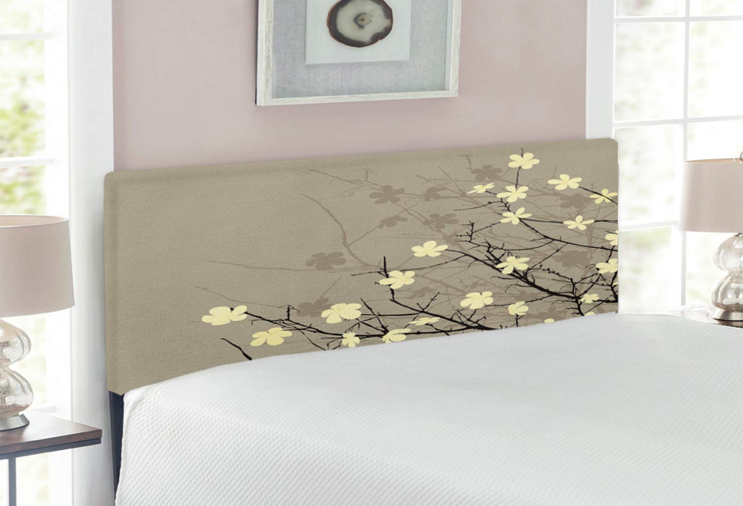 Ambesonne Japanese Style Full Size Upholstered Headboard with Memory Foam - Retro Floral Botanical Design in Beige Brown for Bedroom Decor | Perfect for Master Bedroom, Guest Room & Apartment Decorating