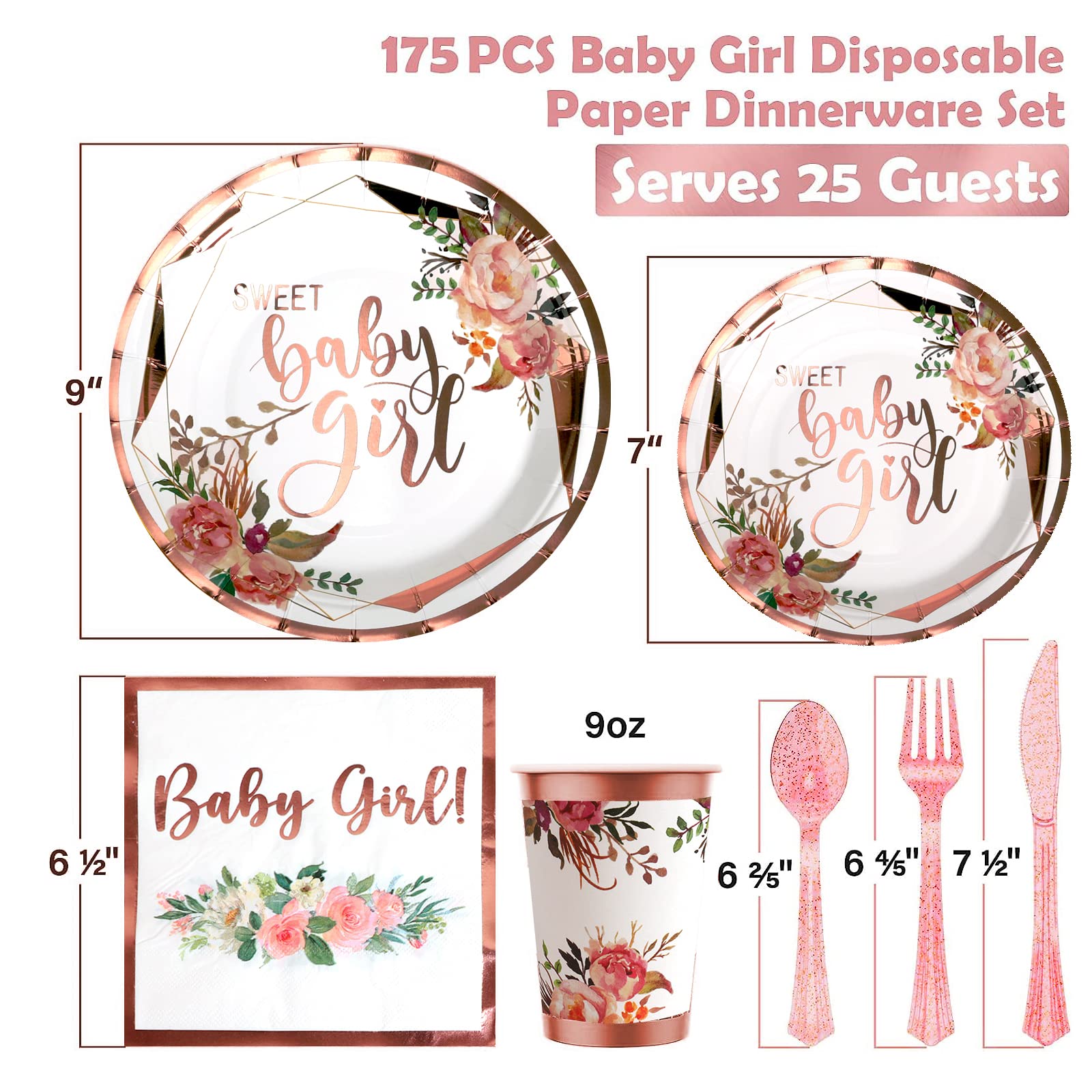 175PCS Rose Gold Baby Shower Disposable Dinnerware Set for Girls - Elegant Party Plates, Cups & Cutlery for 25 Guests | Perfect for Birthday Celebrations, Bridal Showers & Special Events