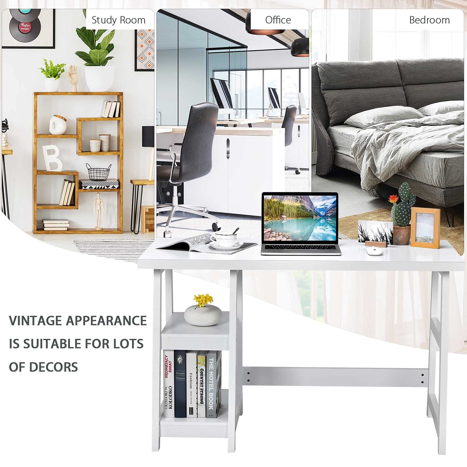 Tangkula White Modern Trestle Desk with Storage Shelves - Home Office Writing Desk, Space Saving Study Desk for Small Bedroom - Perfect for Remote Work & Online Learning