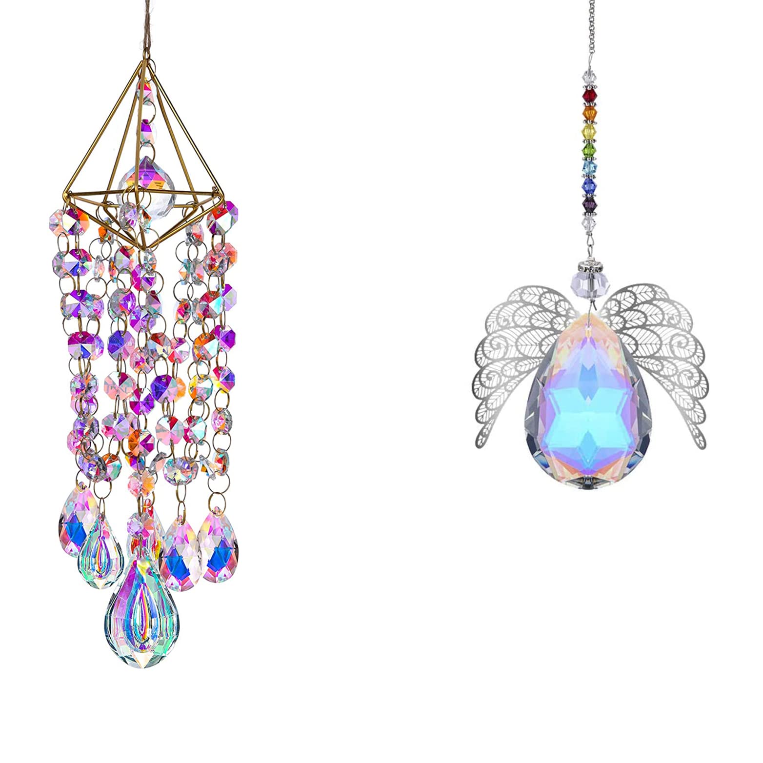 **Handmade Gold Plated Crystal Guardian Angel Suncatcher - Rainbow Pendant Wind Chime for Garden, Window & Outdoor Decor | Spiritual Gift & Home Ornament**