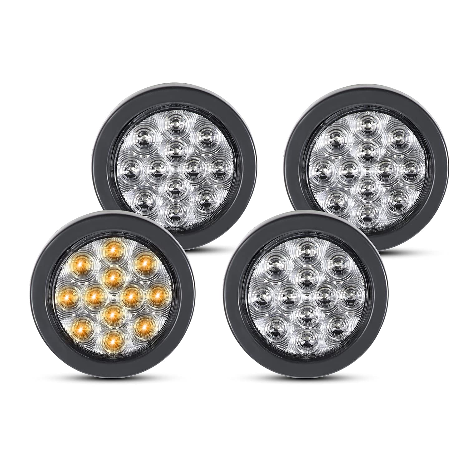 Meerkatt 4 Inch Round Amber LED Clearance Lights - 12 LED Clear Lens Fender & Tail Lights Kit with Grommet & Plug, Universal 12V DC Fit (Pack of 4) GA12 - Perfect for Trucks, Trailers, Off-Road Vehicles & Marine Applications