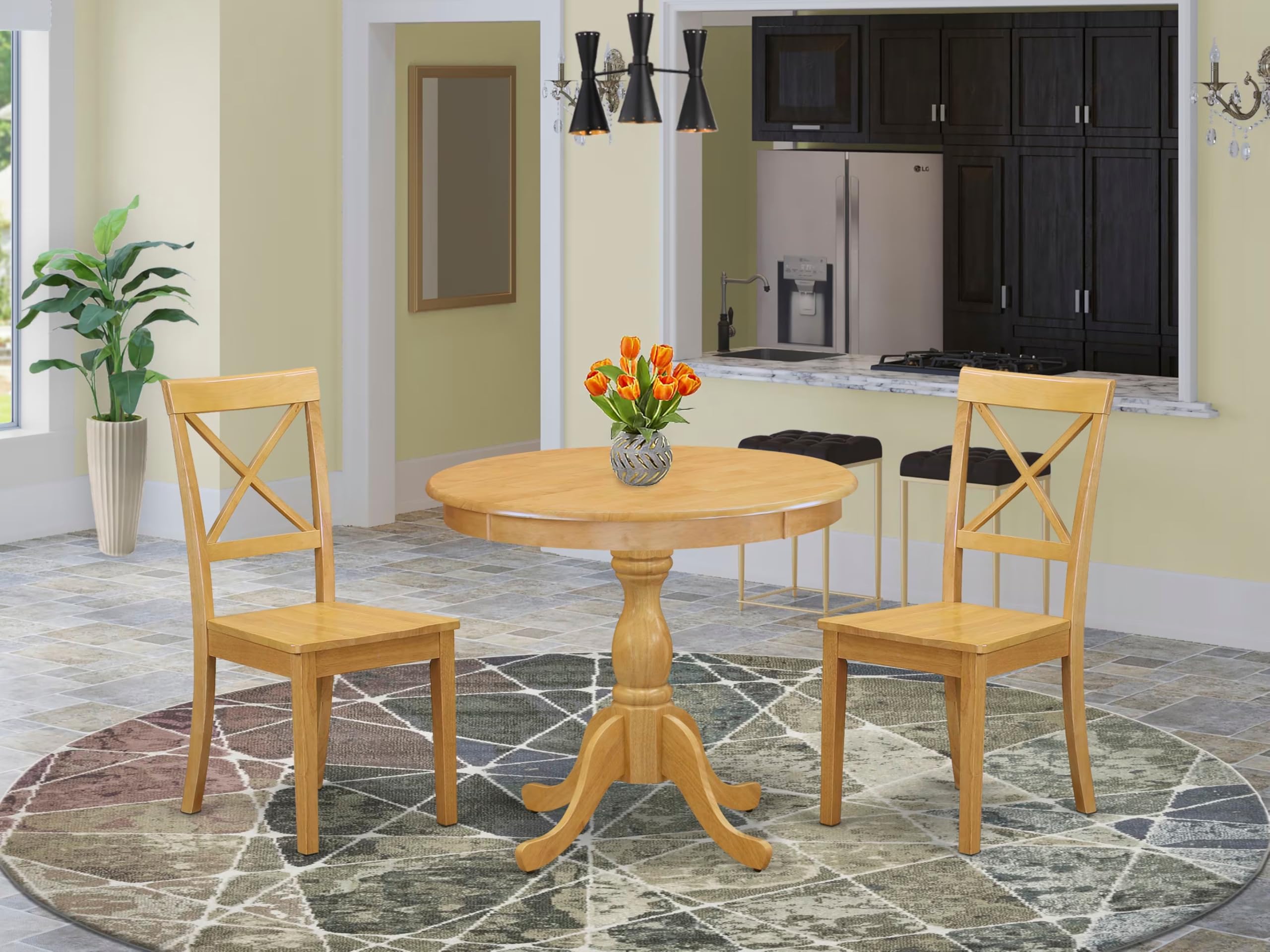 East West Furniture AMBO3-OAK-W 3-Piece Round Kitchen Dining Set with Pedestal Table & 2 Chairs, 36x36 Inch, Oak - Perfect for Small Spaces, Breakfast Nooks & Cozy Apartments