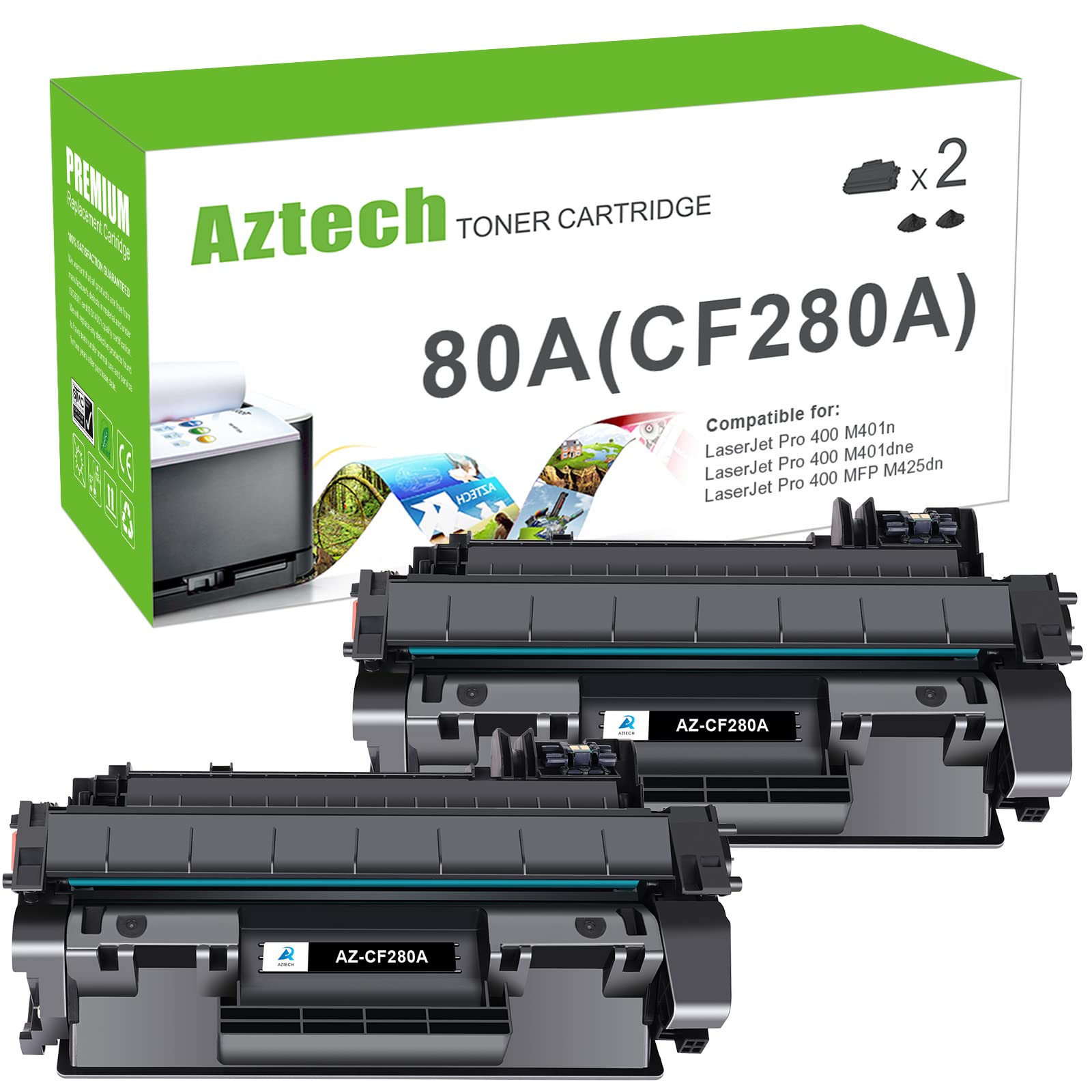Compatible HP 80A CF280A 80X CF280X Toner Cartridge Replacement (2-Pack, Black) for HP Pro 400 M401A M401D M401N M401DNE MFP M425DN Printer - High Yield Printing for Office & Home Use