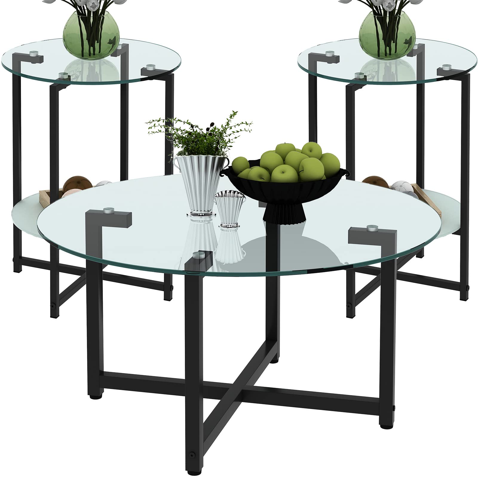 3-Piece Clear Glass Round Coffee Table Set with Metal Frame & Tempered Glass - Modern Living Room Furniture for Home Decor, Coffee Table and End Tables Combo - Perfect for Small Spaces, Apartments and Cozy Living Rooms