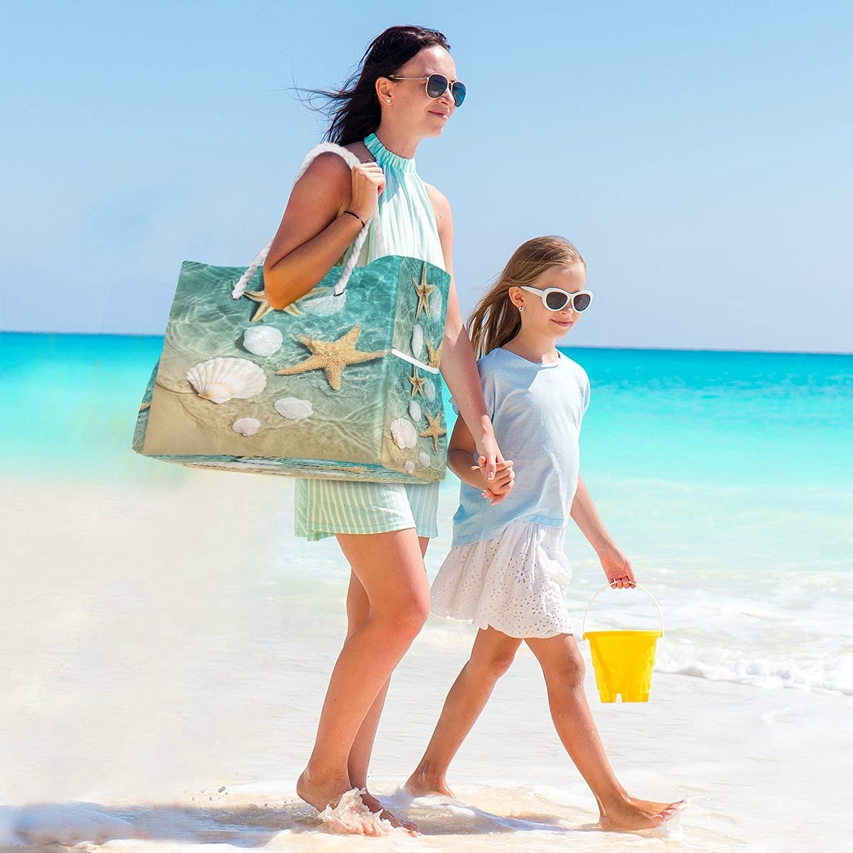 Large Beach Tote Bag with Starfish Seashell Design - Waterproof Travel Shoulder Bag for Women, Gym, Sports & Vacation | Perfect for Pool, Beach Trips & Summer Outings