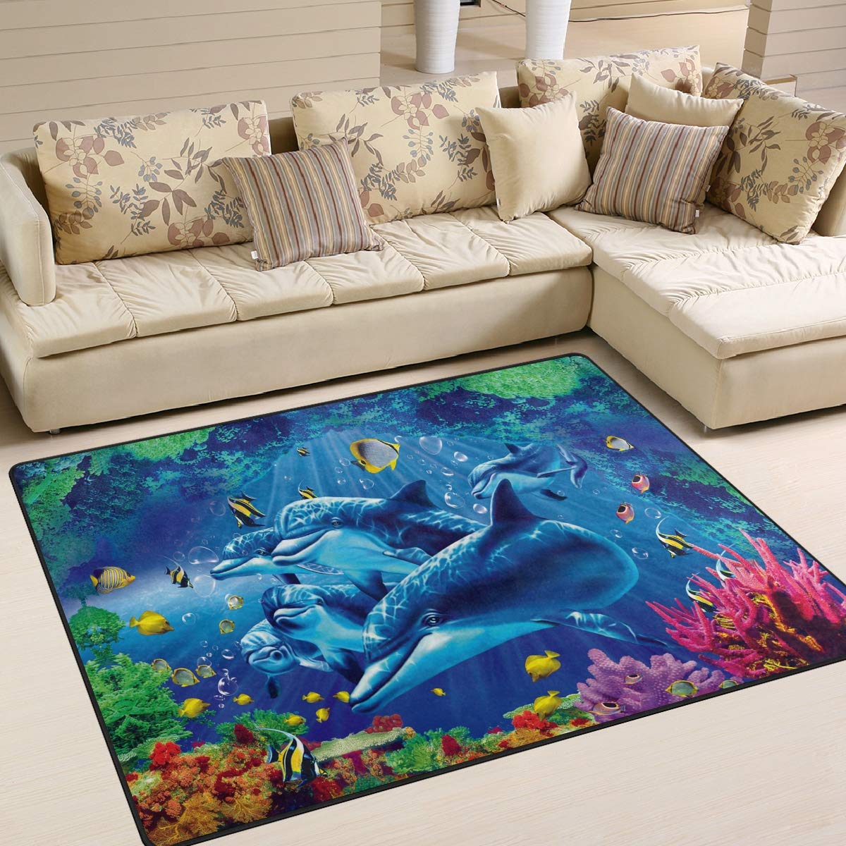 ALAZA Tropical Dolphin Coral Reef Ocean Sea Fish Area Rug 7' x 5' - Soft Non-Slip Living Room & Bedroom Carpet - Perfect for Beach House Decor, Kids Room & Coastal Themed Spaces