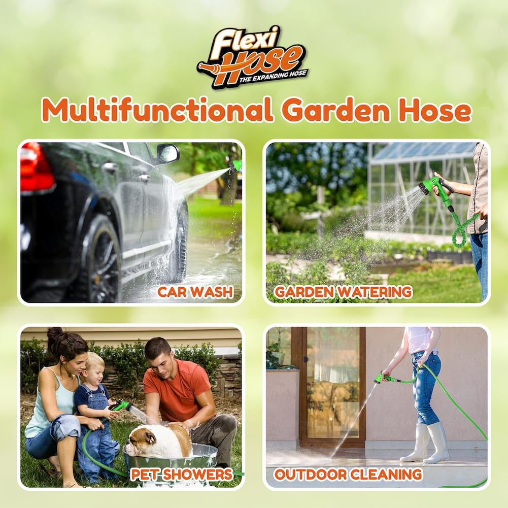 Flexi Hose Expandable Garden Hose 150FT - Heavy Duty Water Hose with 3/4-Inch Solid Brass Fittings, Retractable Design & Spray Nozzle Included - Green (45 Meters) - Perfect for Lawn Care, Car Washing, and Outdoor Watering