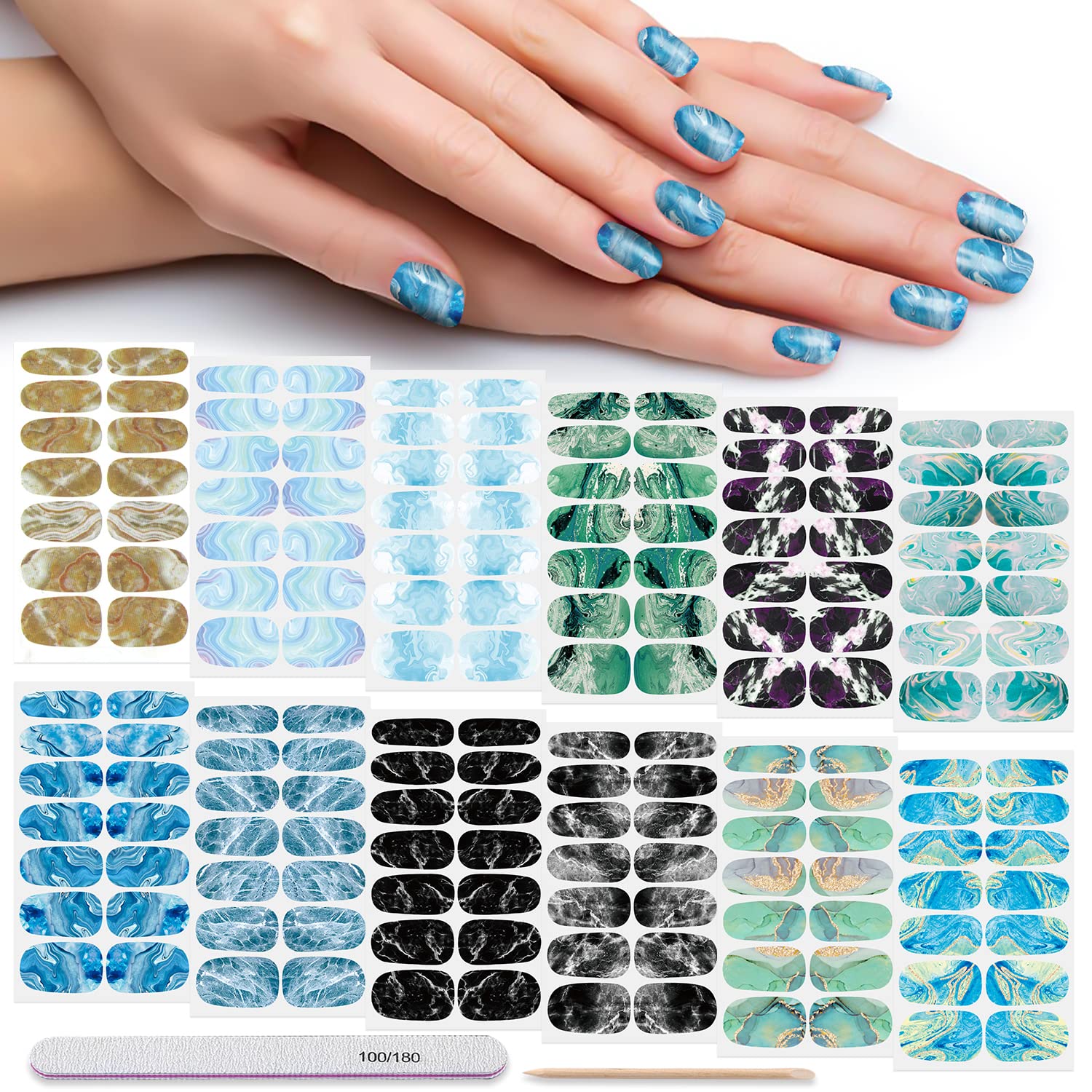 DANNEASY Marble Nail Polish Strips - 12 Sheets Self-Adhesive Nail Wraps for Women, Gel Nail Stickers with Nail File & Cuticle Stick | Easy DIY Manicure at Home, Salon-Quality Nails for Parties, Weddings & Everyday Wear