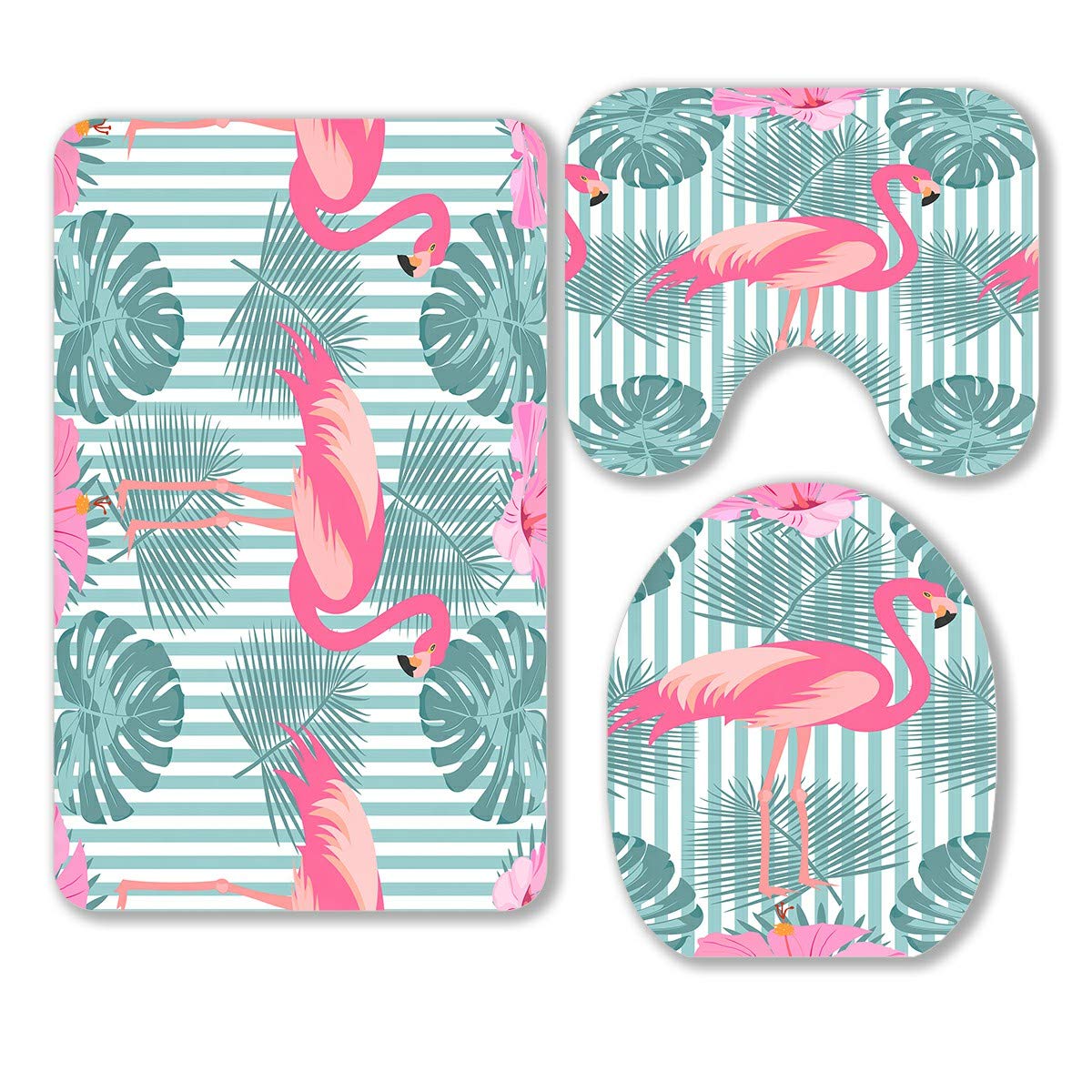 ECZJNT Tropical Exotic Pink Flamingos Palm Leaves 3-Piece Bathroom Rug Set - Soft Non-Slip Bath Mat, Contour Mat & Toilet Lid Cover for Beach Theme Bathroom Decor | Perfect for Coastal, Vacation Home or Tropical Style Bathrooms