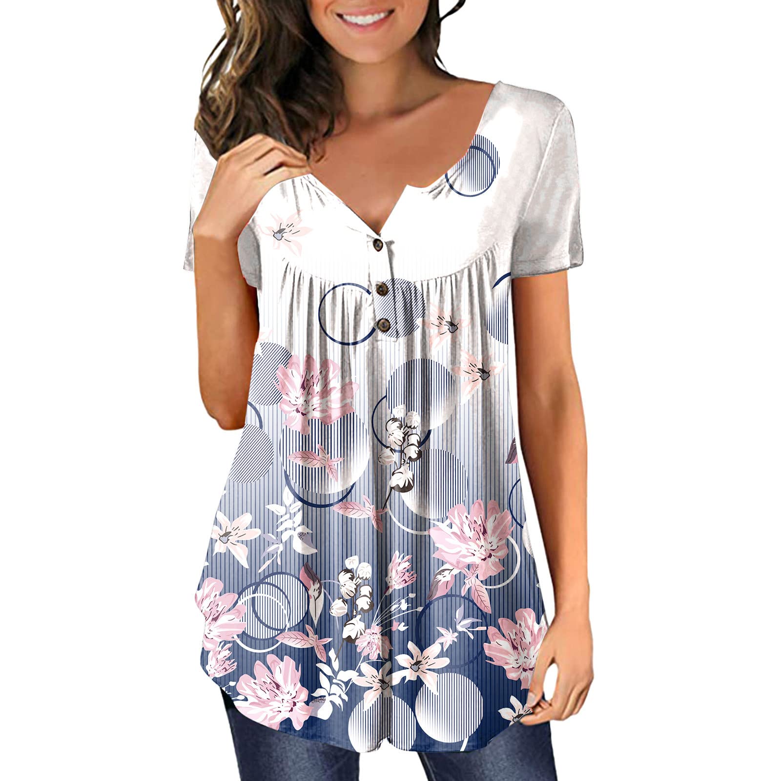 Summer Women's Plus Size Casual V-Neck Short Sleeve Pleated T-Shirt - Gradient Solid Color Button Pullover Top for Beach, Travel & Everyday Wear