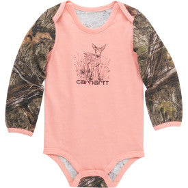 Infant Girls Camo Deer Long Sleeve Bodysuit - Peach Amber | Soft Cotton Baby Onesie for Playdates, Family Photos & Outdoor Adventures