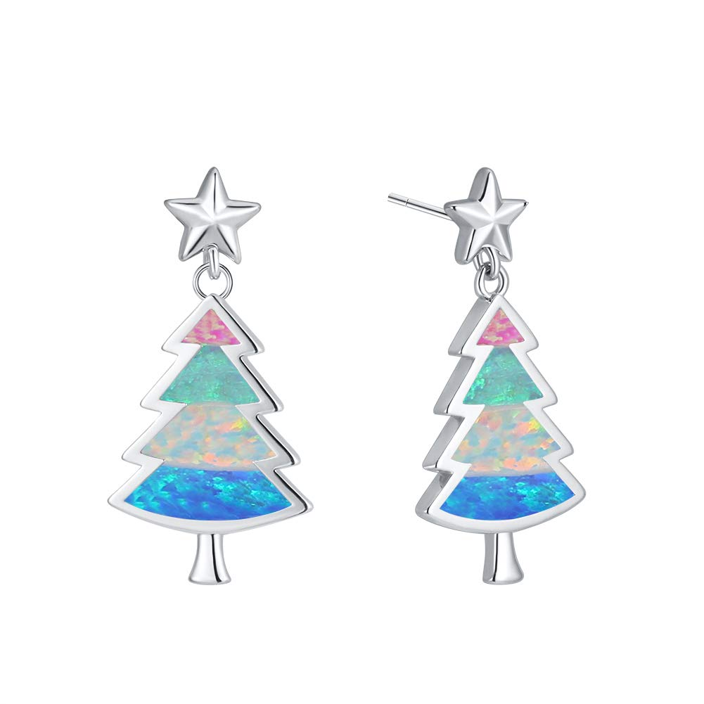 Bamos 925 Sterling Silver Christmas Earrings - Opal Star Stud & Tree Drop Dangle Earrings | Hypoallergenic Holiday Jewelry for Women & Girls (6 Colors) | Perfect Gift for Christmas Parties, Office Celebrations & Festive Gatherings