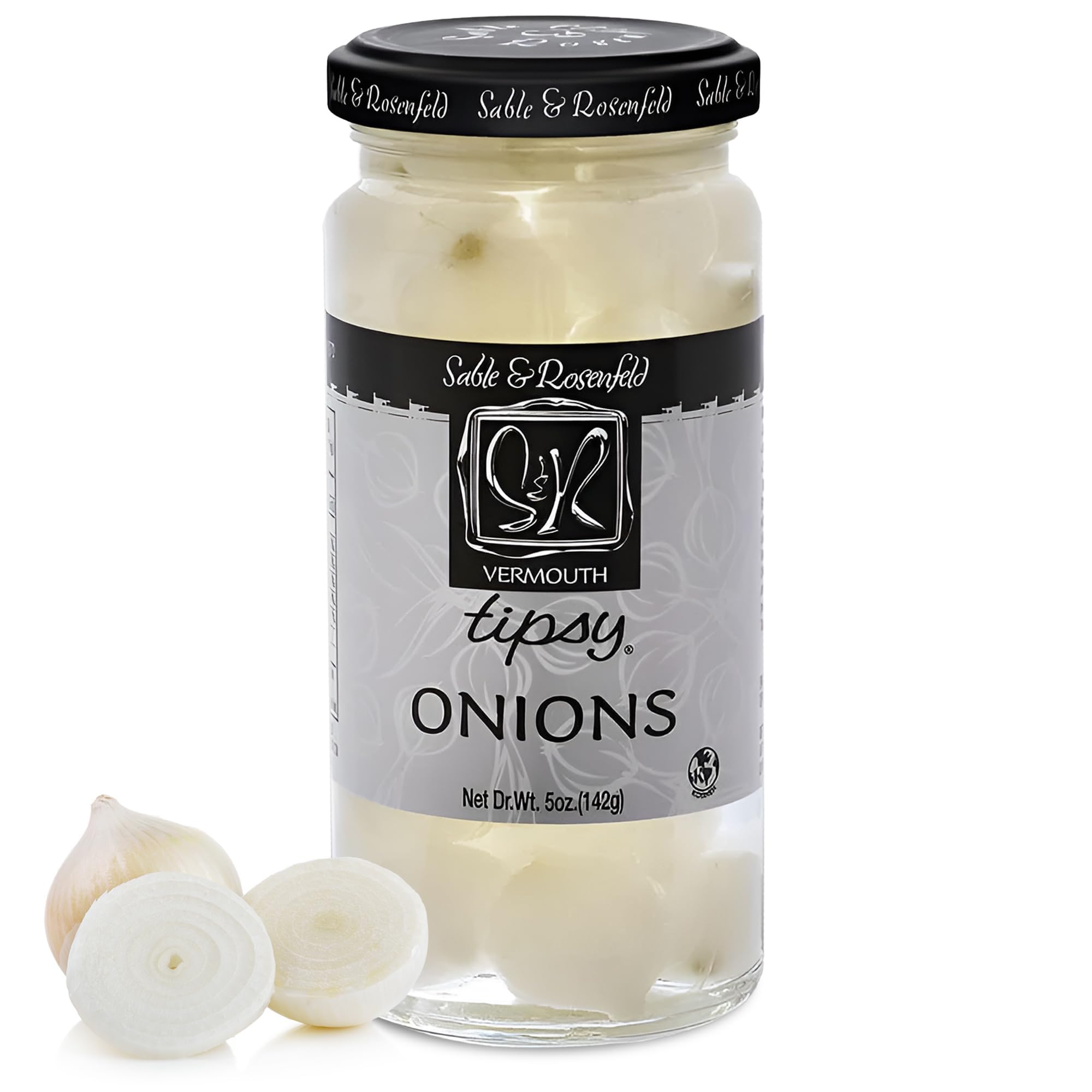 Pickled Silverskin Onions in Jar with French Vermouth - Tipsy Cocktail Onions for Martinis, Gibsons & Appetizers - Kosher Parve by Sable & Rosenfeld - 5 oz (Pack of 1) - Perfect for Home Bars, Cocktail Parties & Charcuterie Boards