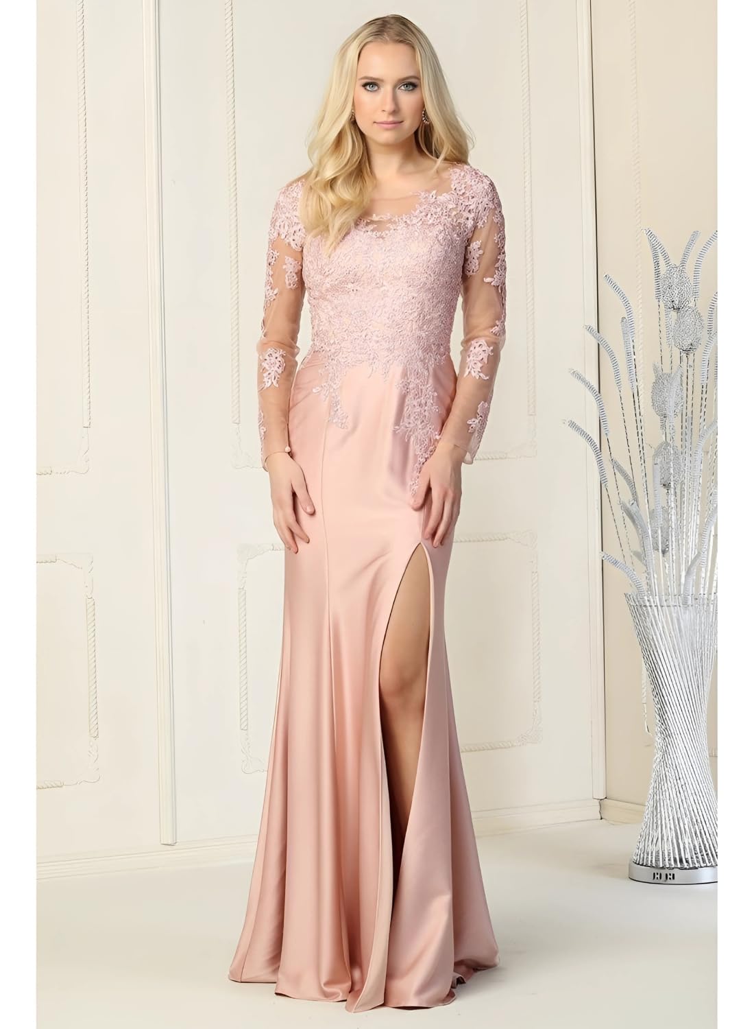 Elegant Embroidered Long Sleeve Evening Gown for Women - High Slit Mother of The Bride Dress - Perfect for Weddings, Galas, and Formal Occasions