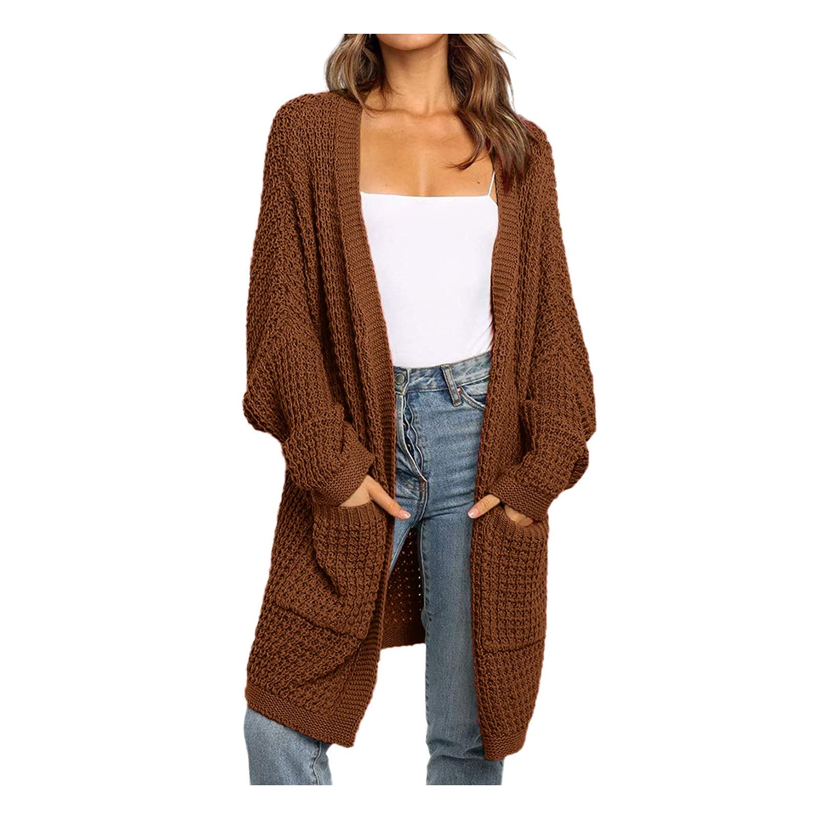 Women's Long Sleeve Boho Knit Cardigan Coat with Front Pockets - Open Front Patchwork Kimono Sweater for Plus Size Women | Perfect for Casual Outfits, Layering in Fall & Winter, and Bohemian Style Fashion