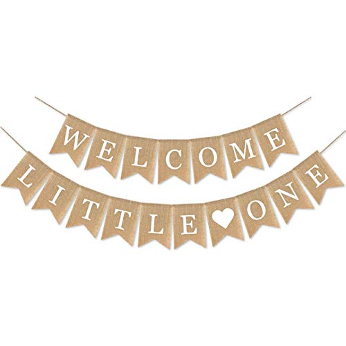 SWYOUN Burlap Welcome Little One Banner - Gender Neutral Baby Shower Garland Decorations for Gender Reveal Party, Nursery Room & Newborn Photography Backdrop