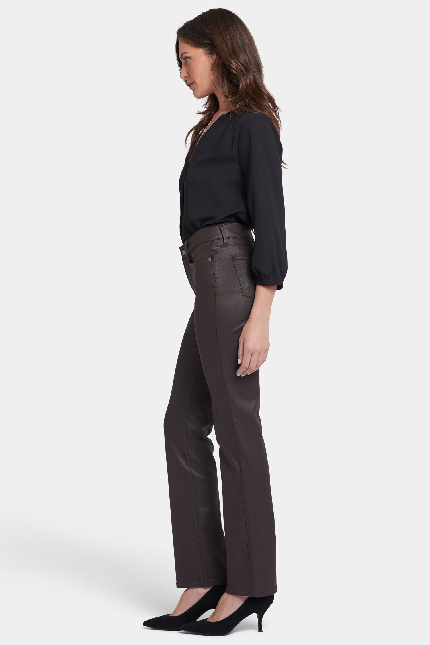 Petite Coffee Bean Coated Marilyn Straight Jeans for Women - Stylish Slim Fit Denim Pants for Casual Wear & Office Outfits