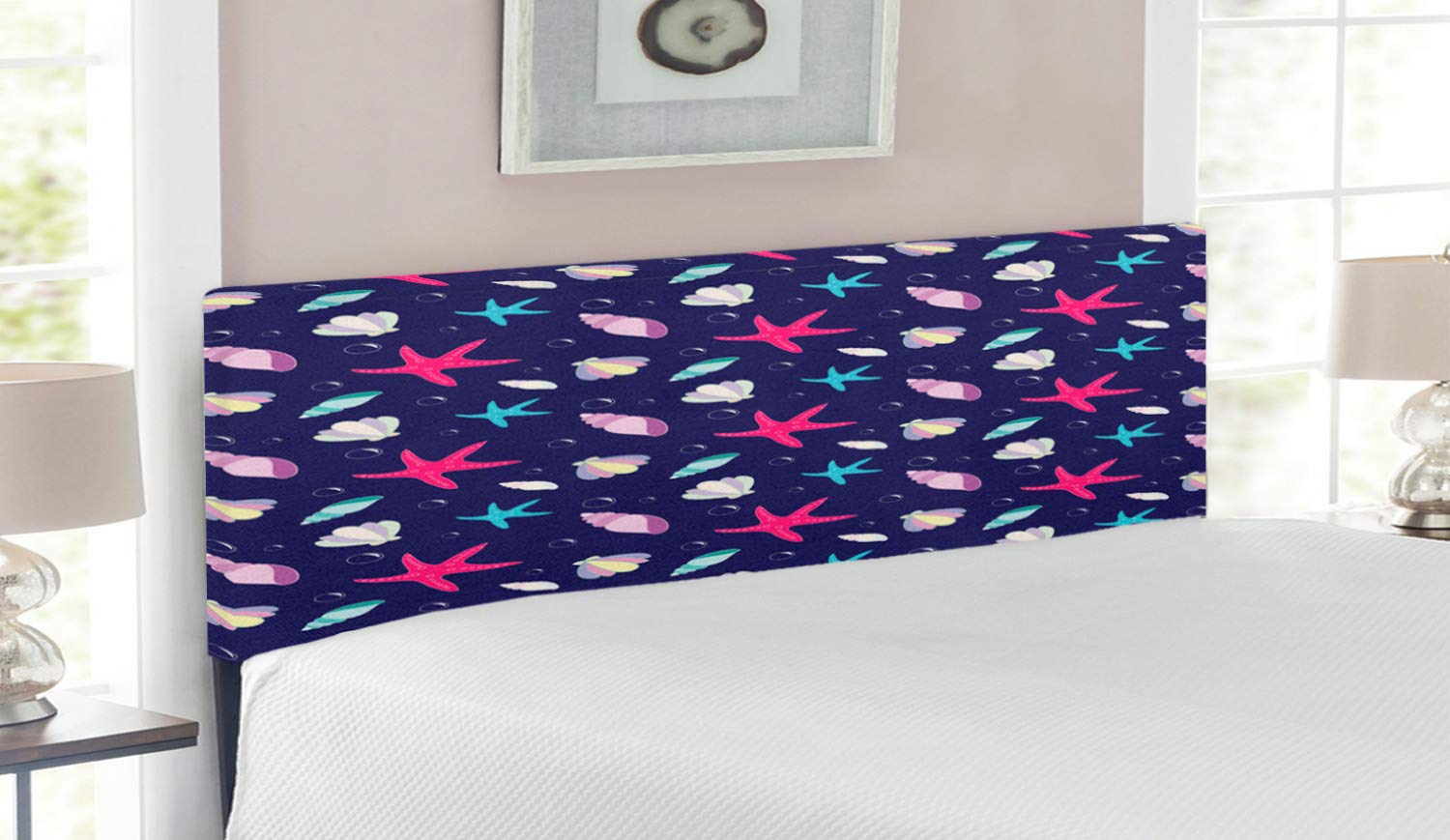 Ambesonne Queen Size Upholstered Headboard - Nautical Marine Design with Shells, Starfish & Bubbles, Navy & Blush Decorative Metal Bed Headboard with Memory Foam | Perfect for Coastal, Beach House & Nautical Theme Bedrooms