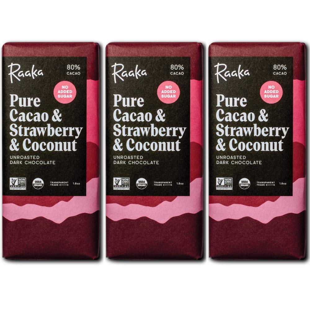 Organic Vegan Raaka Chocolate Bars - Strawberry Coconut, 3-Pack (1.8oz) - Fair Trade, Keto & Paleo Friendly for Healthy Snacking