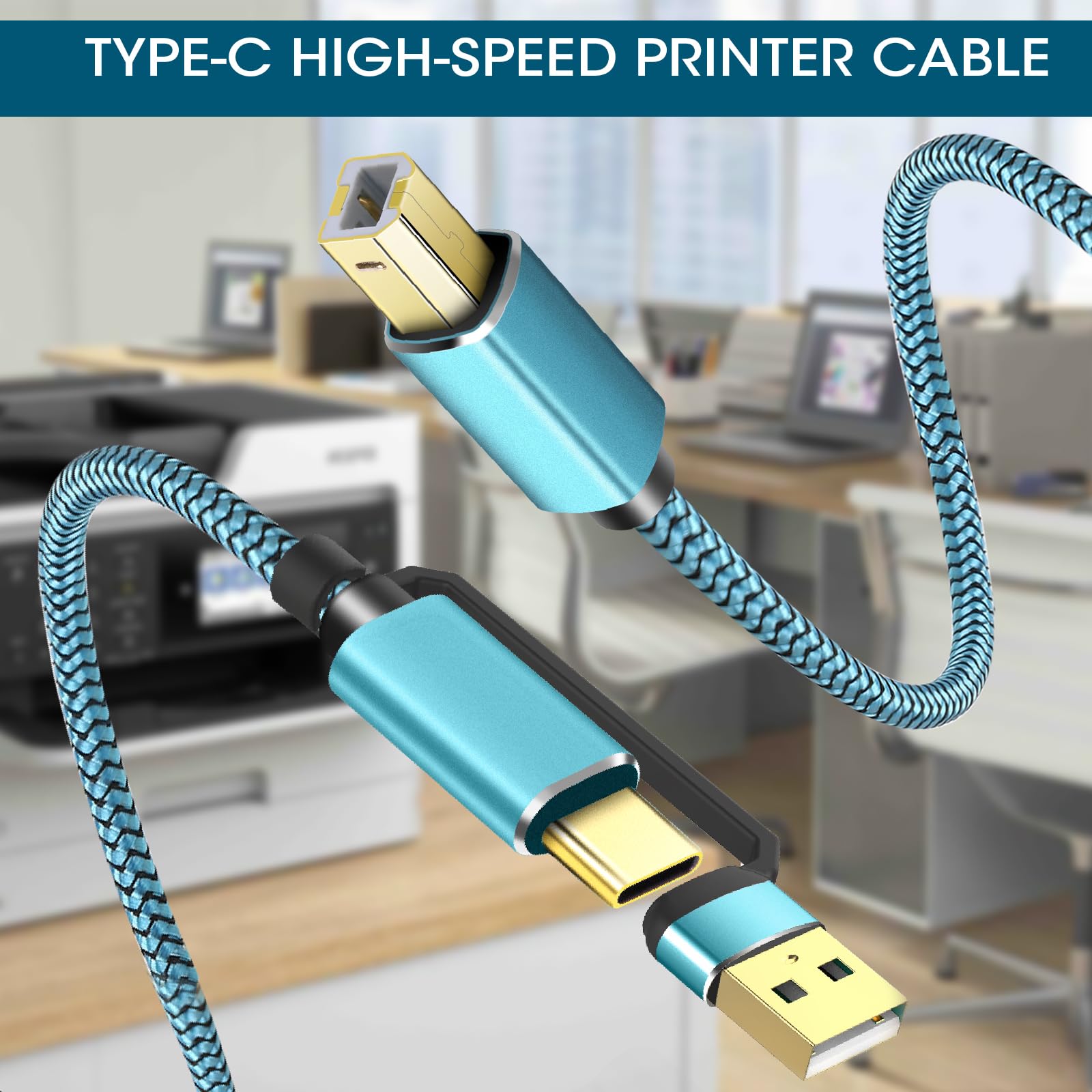 10FT USB Printer Cable - High-Speed Nylon Braided USB A to USB B Cord for HP, Canon, Epson, Dell, Brother Printers & Yamaha MIDI Controllers | Durable & Tangle-Free | Perfect for Home Office, Studio & School Use